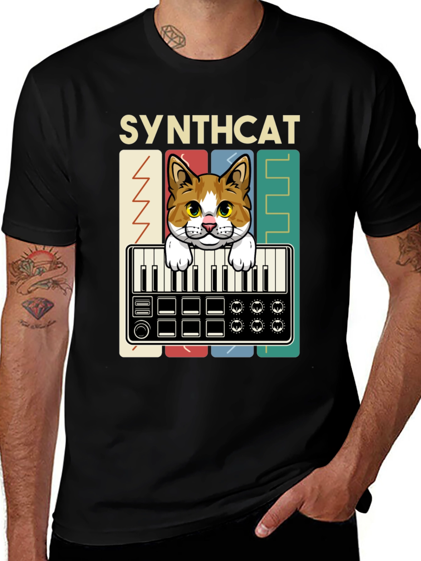 Variant 6 of Synthcat Graphic T-Shirt: Keyboard Playing Cat