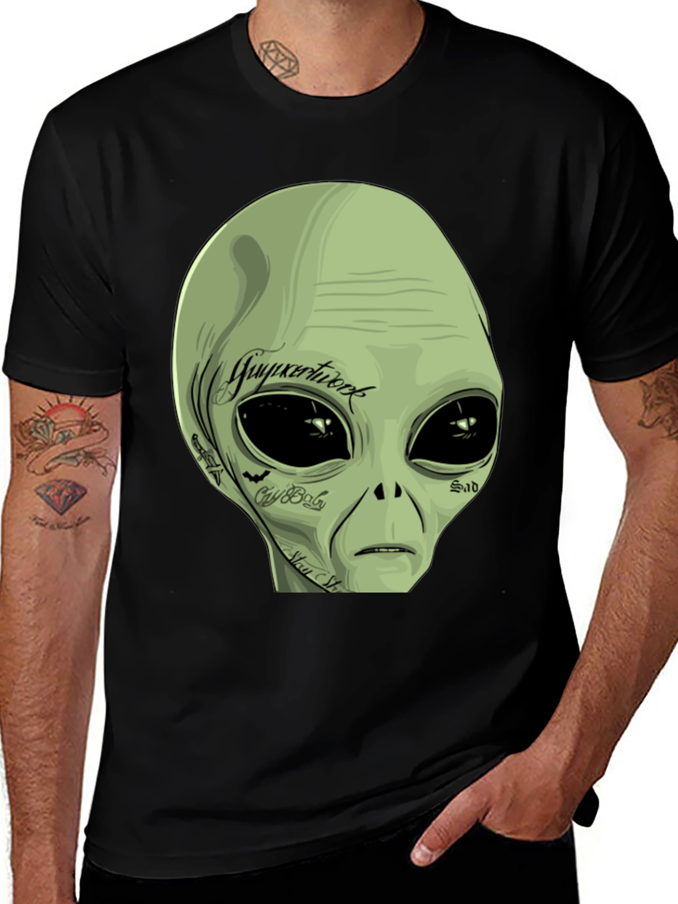 Variant 4 of Tattooed Alien Graphic Tee - Black Cotton Casual T-Shirt