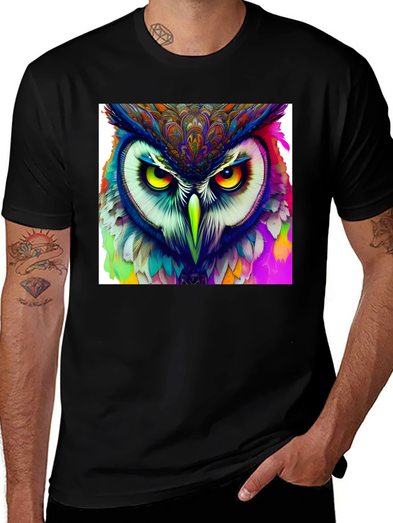 Variant 21 of Psychedelic Owl Graphic Black T-Shirt