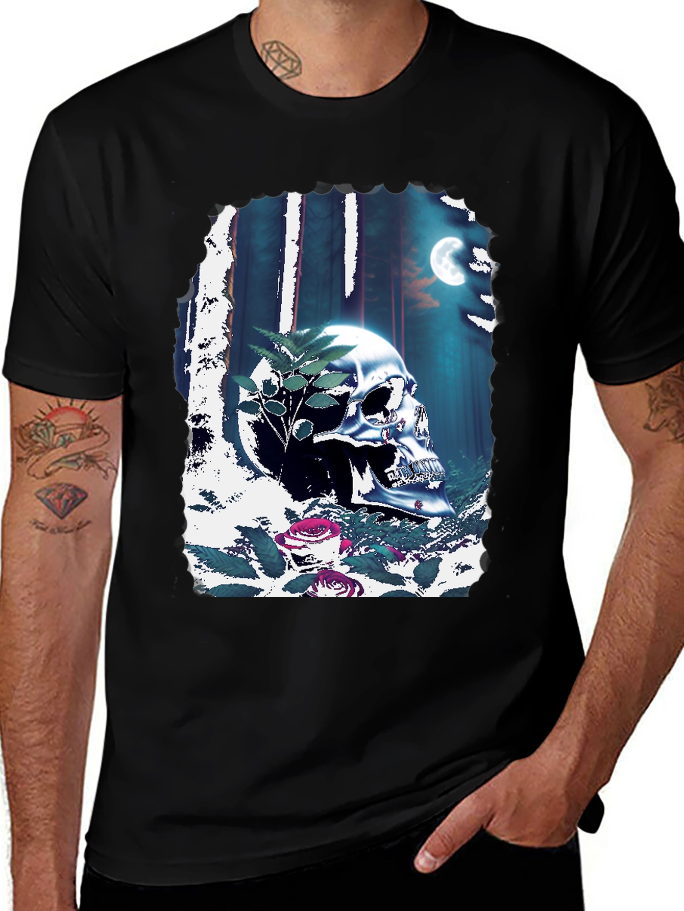 Variant 9 of Skull & Roses Graphic Tee - Dark Forest Design