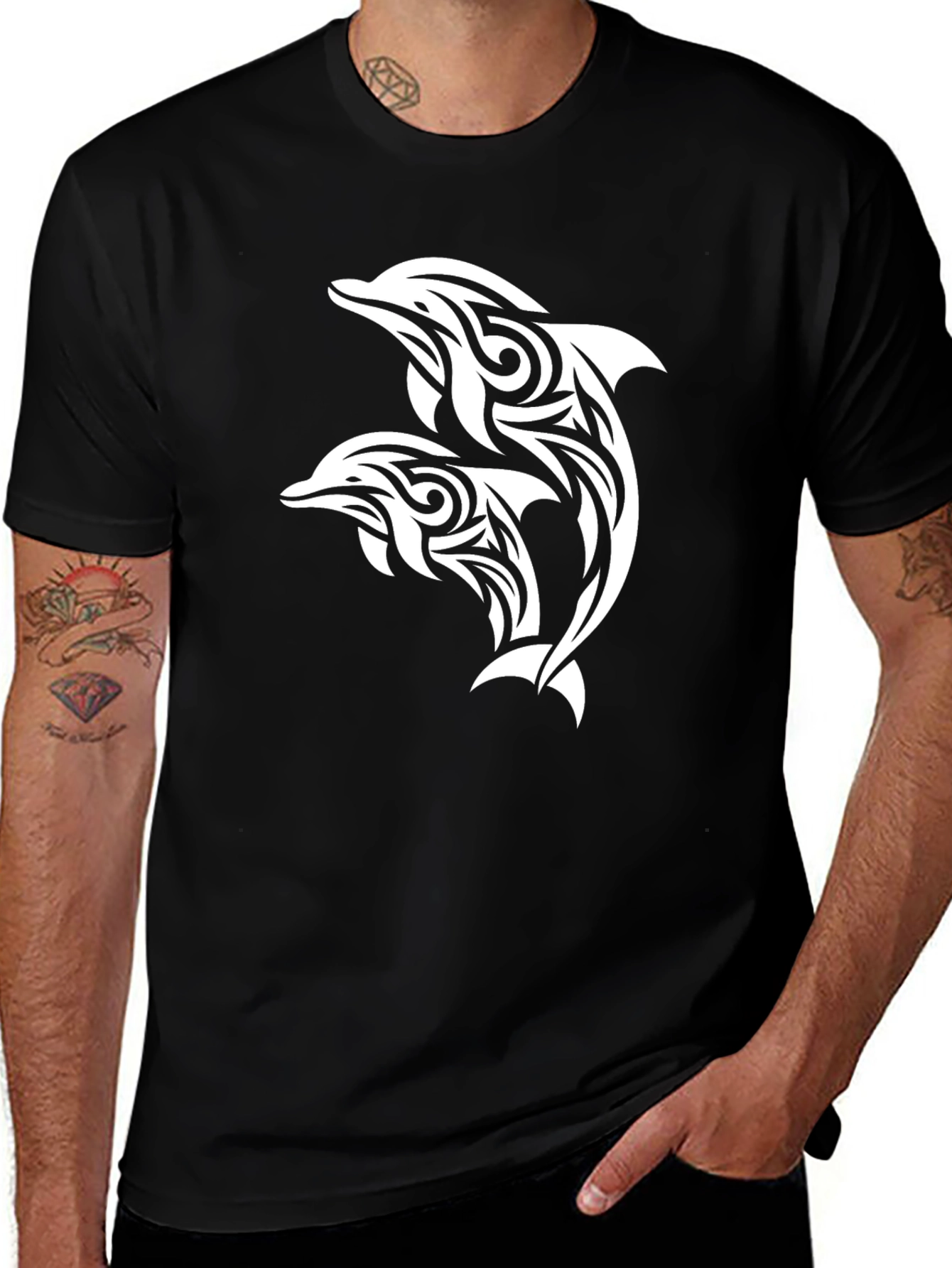 Variant 29 of Tribal Dolphin Graphic Tee - Black Cotton Blend