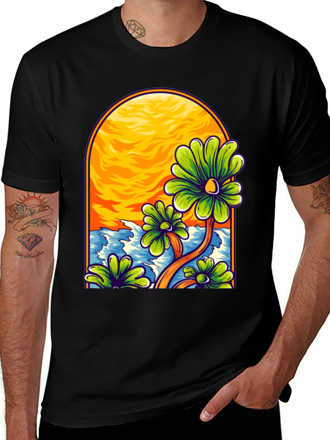 Variant 30 of Floral Beach Scene Black T-Shirt