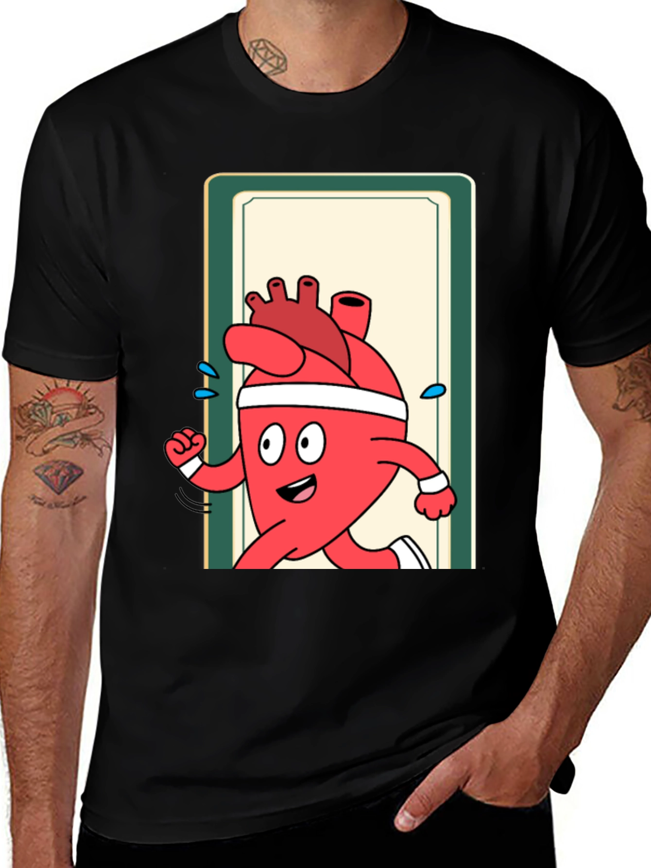 Variant 6 of Running Heart Cartoon Graphic Tee - Black