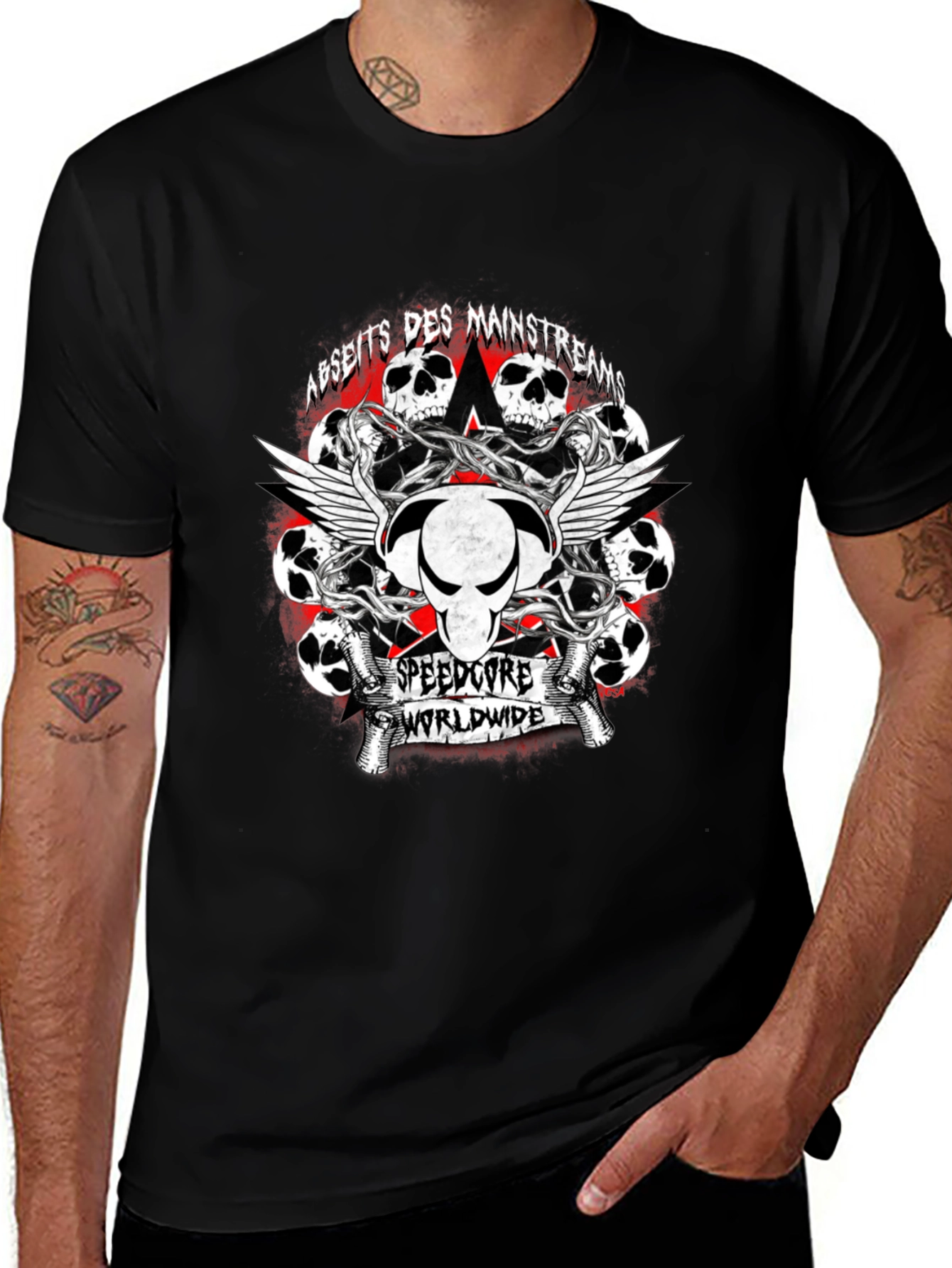 Variant 26 of Graphic Print Black T-Shirt with Skull & Guns Design