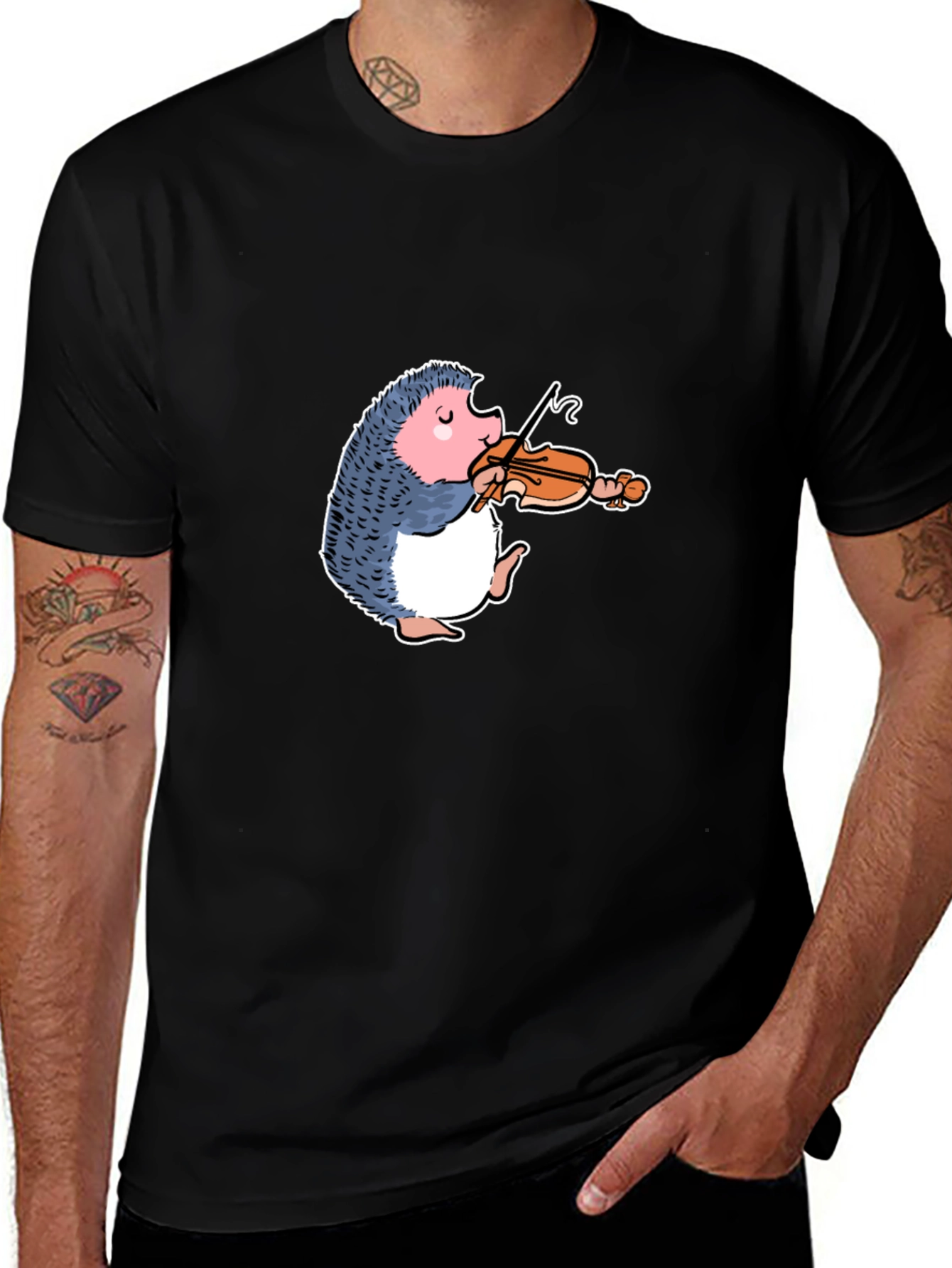 Variant 11 of Hedgehog Violinist Graphic Tee - Black Cotton T-Shirt