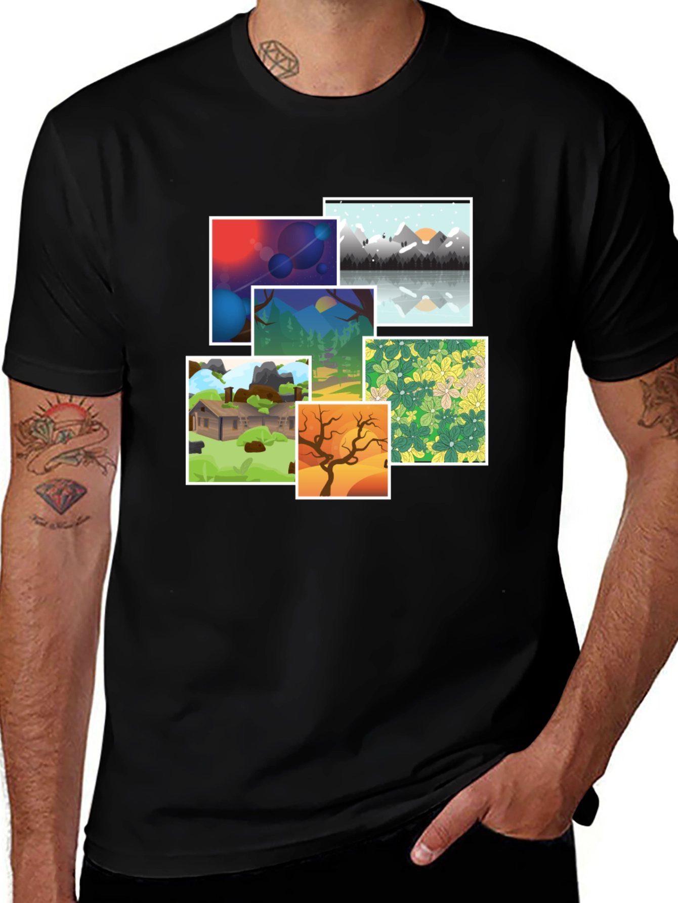 Black Artistic Landscape Graphic Tee - Black Cotton Blend main image