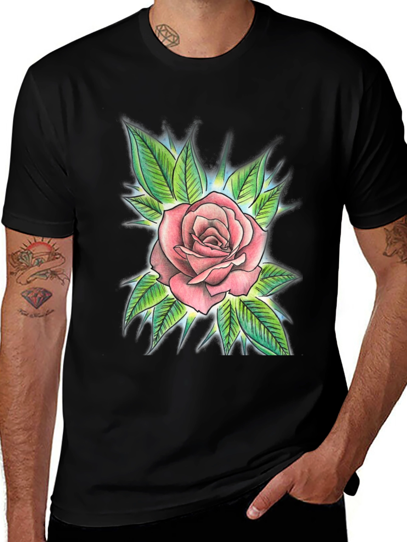 Variant 14 of Rose Tattoo Print Black T-Shirt