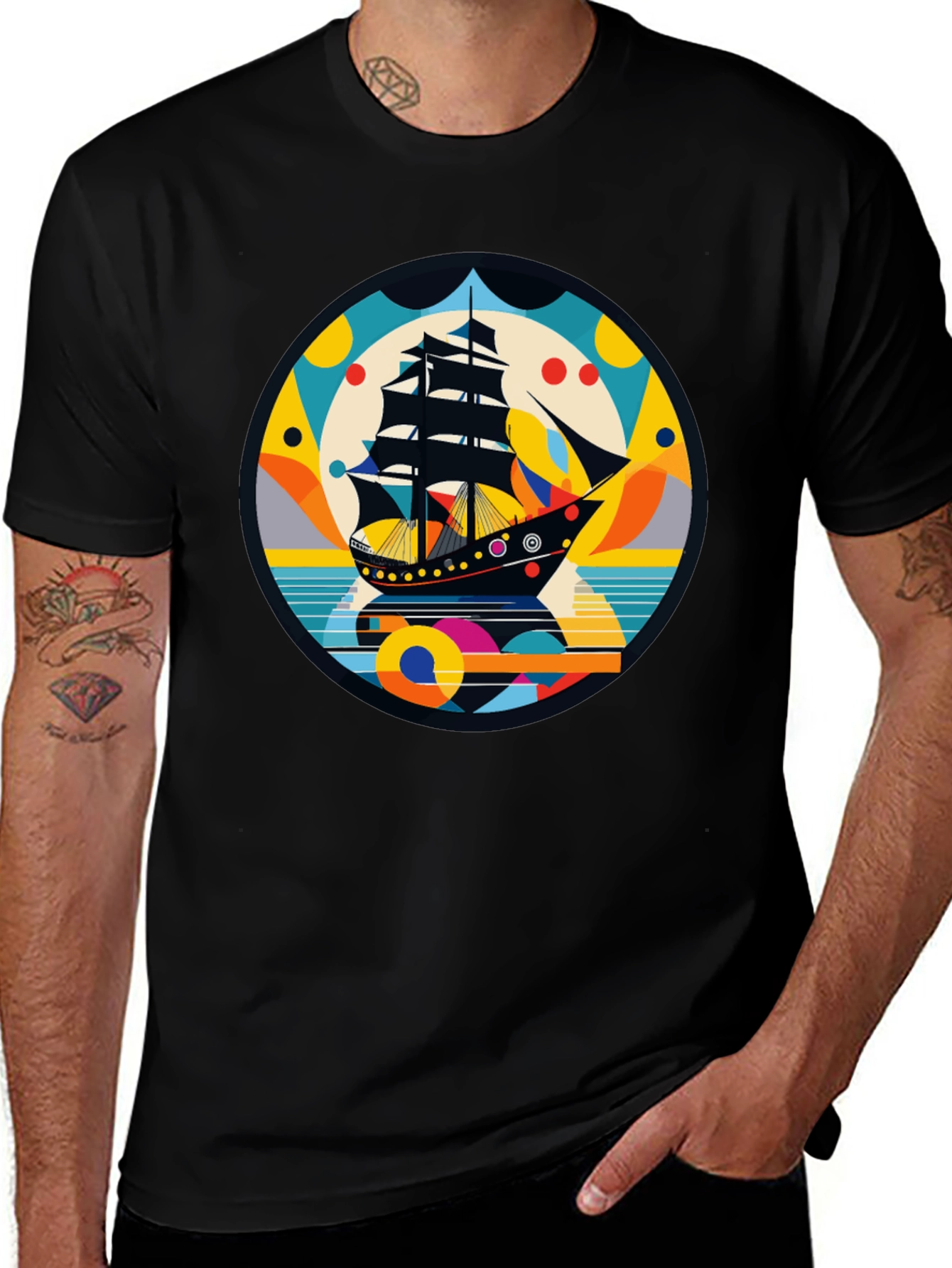 Variant 17 of Retro Ship Graphic Tee - Black Cotton Blend