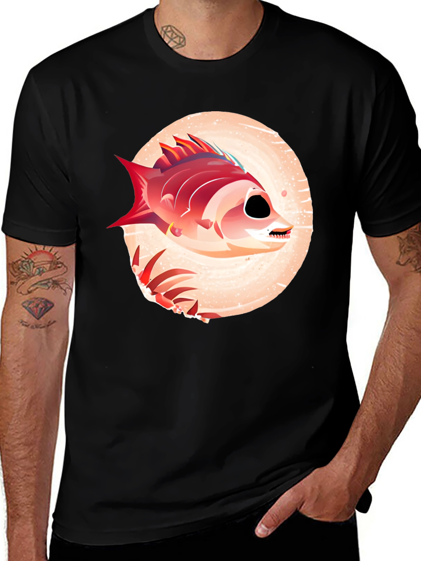 Variant 29 of Men's Black T-Shirt with Artistic Fish Design