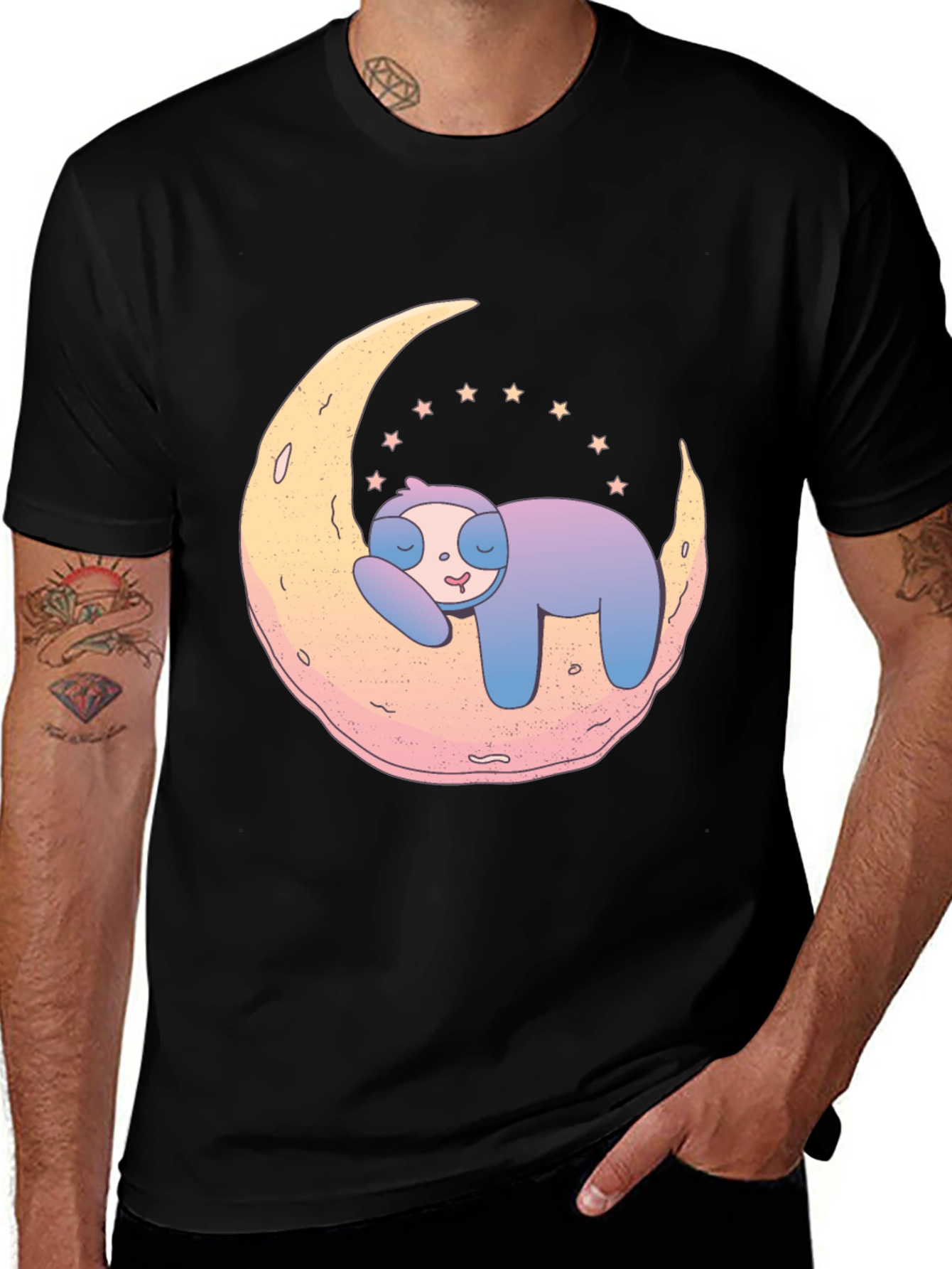 Variant 8 of Cute Sloth on Moon Graphic Tee - Black