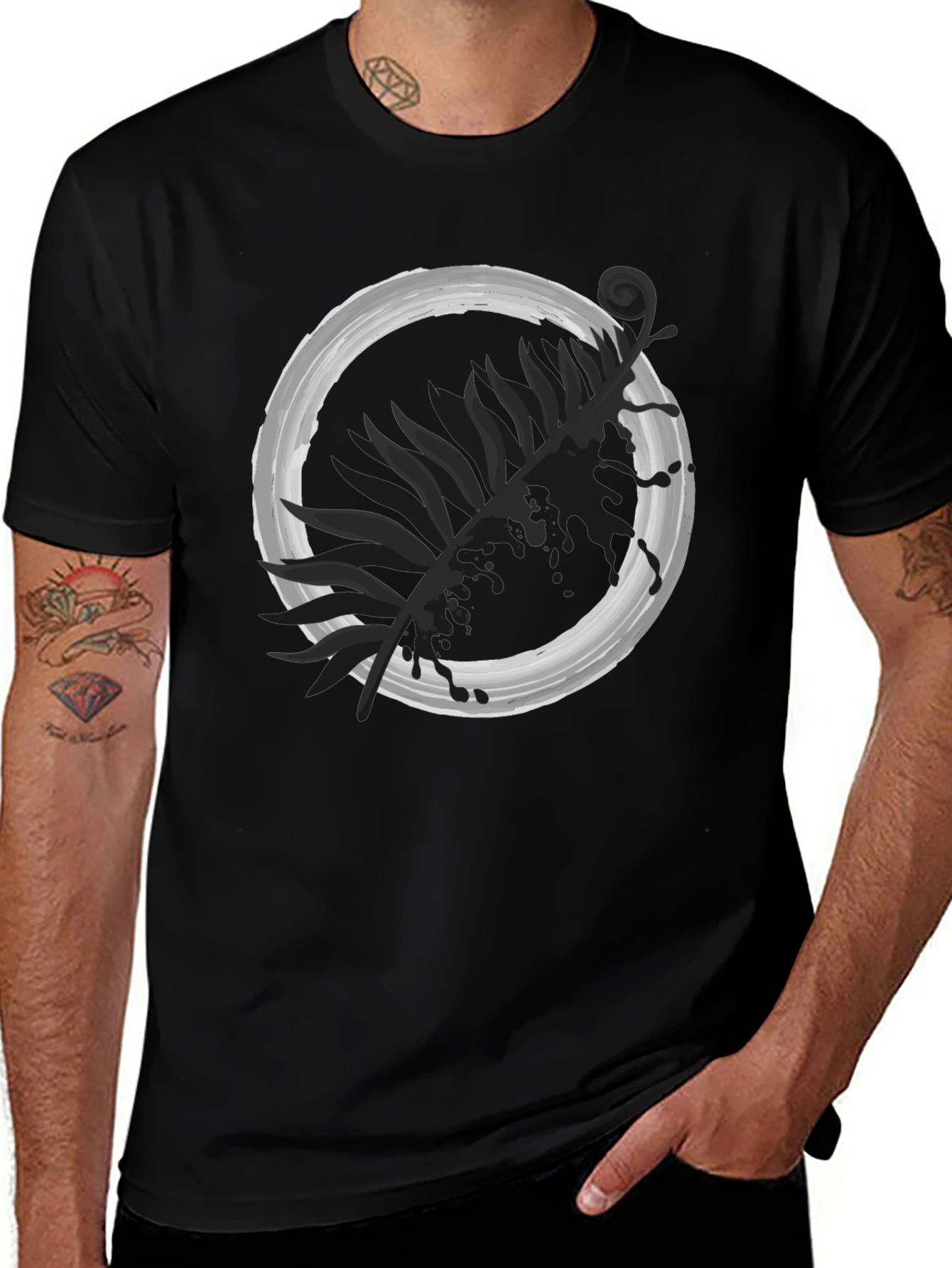Variant 16 of Men's Black Tee with Abstract Fern Circle Design