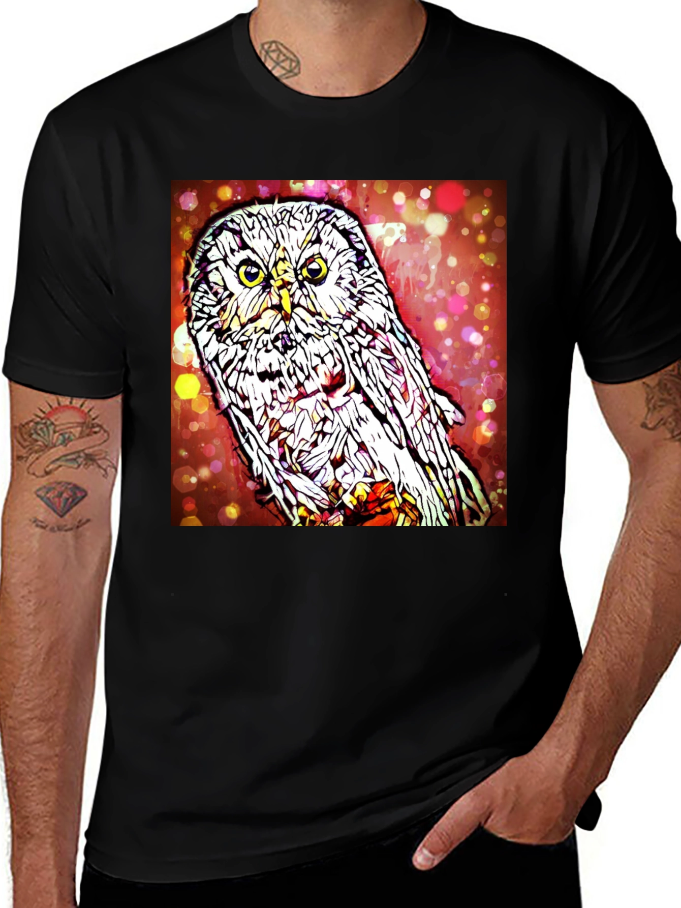Variant 24 of Abstract Owl Print Black Tee