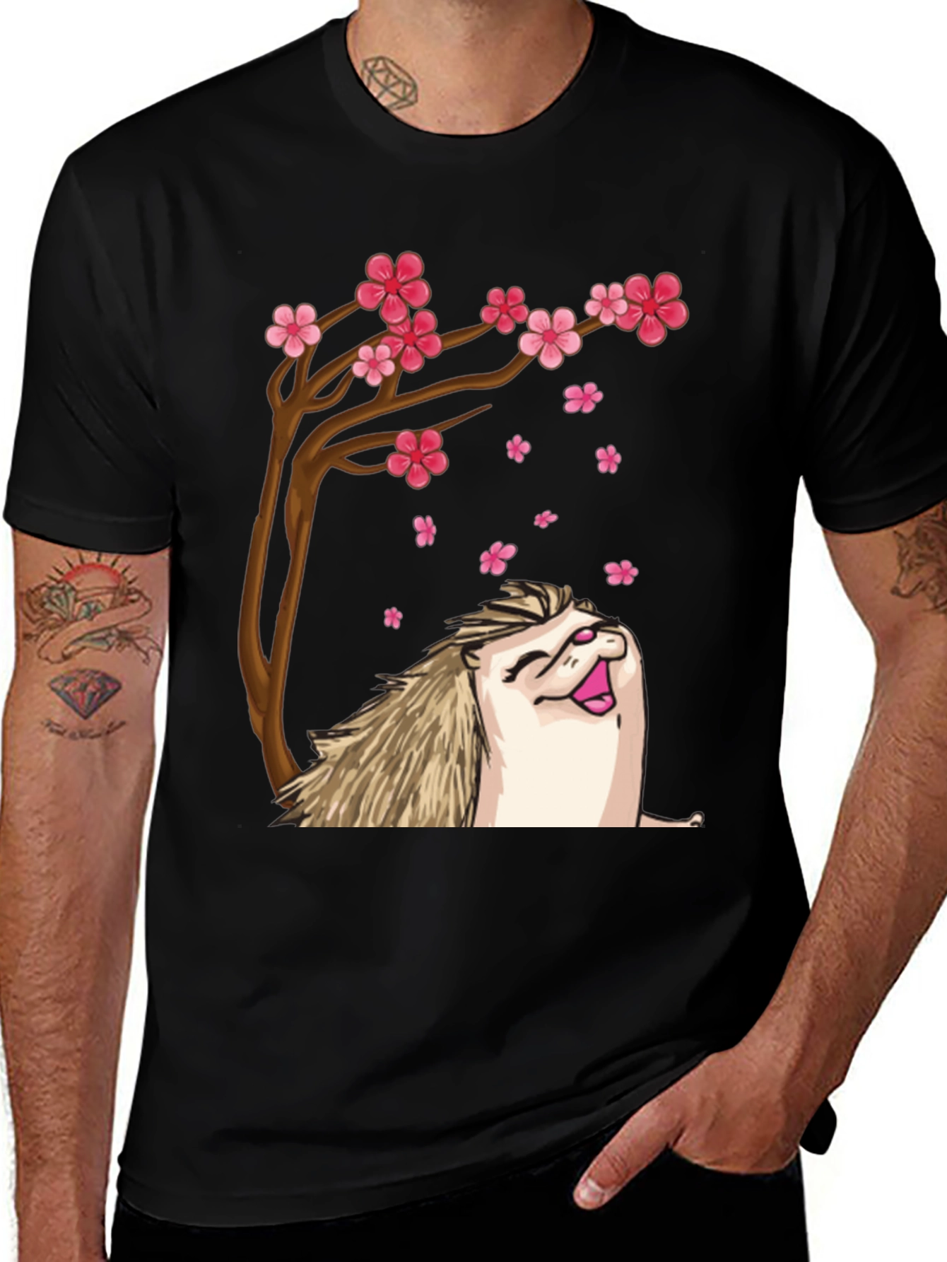 Variant 12 of Hedgehog Sakura Tree Black T-Shirt