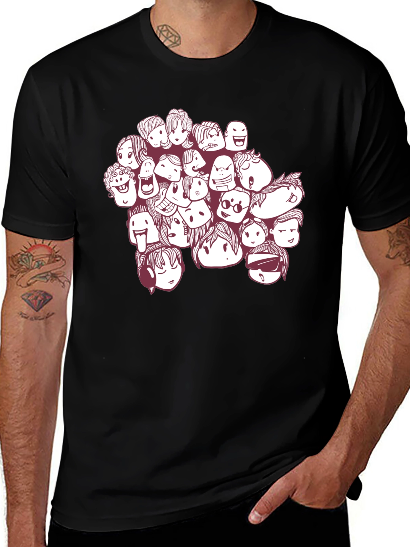 Variant 6 of Cartoon Faces Graphic Print Black T-Shirt