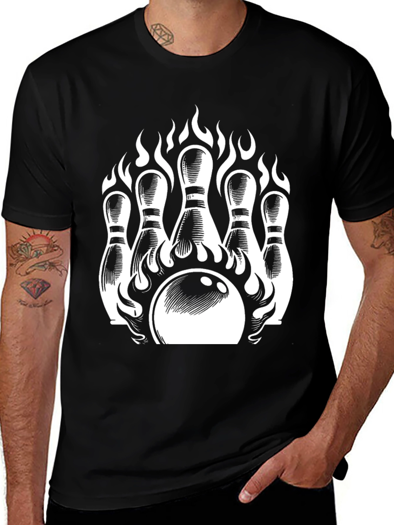 Bowling Strike T-Shirt - Flames & Pins Design