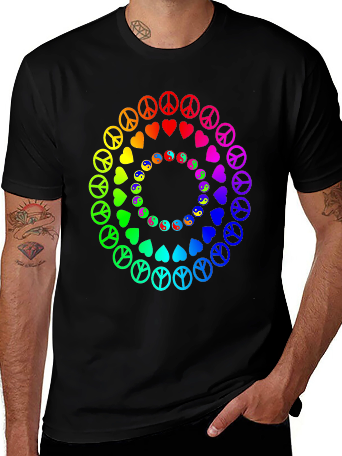 Variant 29 of Rainbow Peace & Love Circle Graphic Tee
