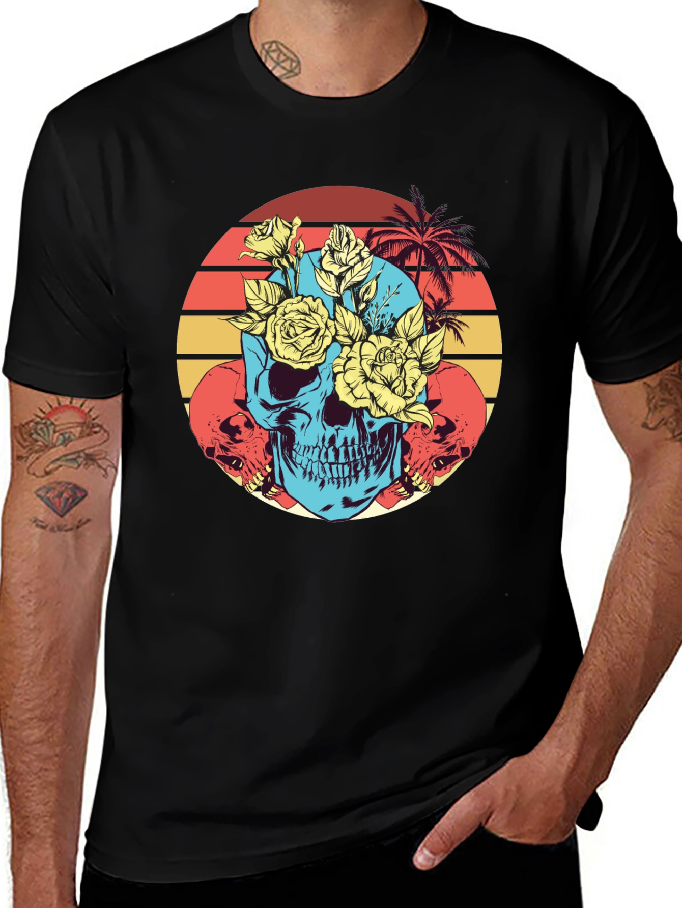 Variant 22 of Skull & Roses Graphic Tee - Retro Sunset Design