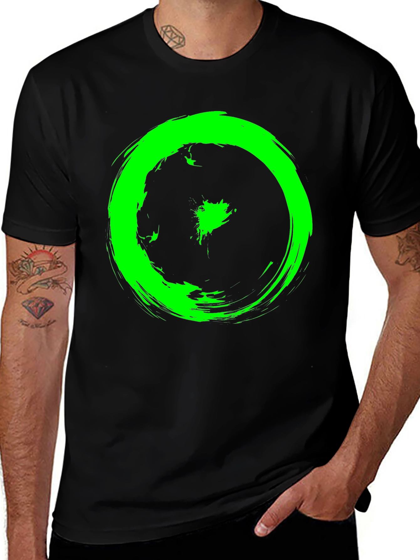 Variant 4 of Bold Green Circle Graphic Black T-Shirt