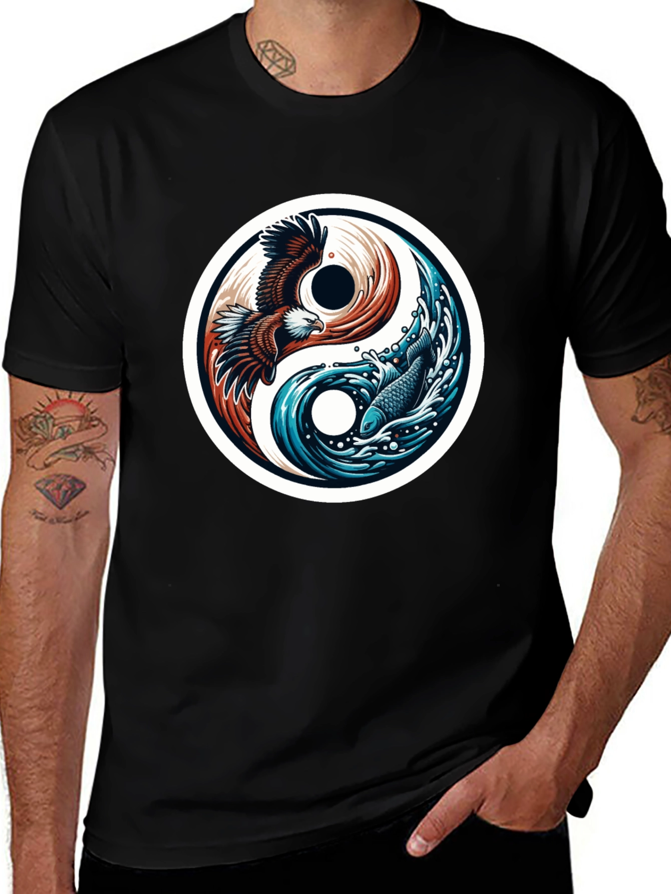 Variant 17 of Yin Yang Eagle Fish Graphic Tee - Harmony & Style