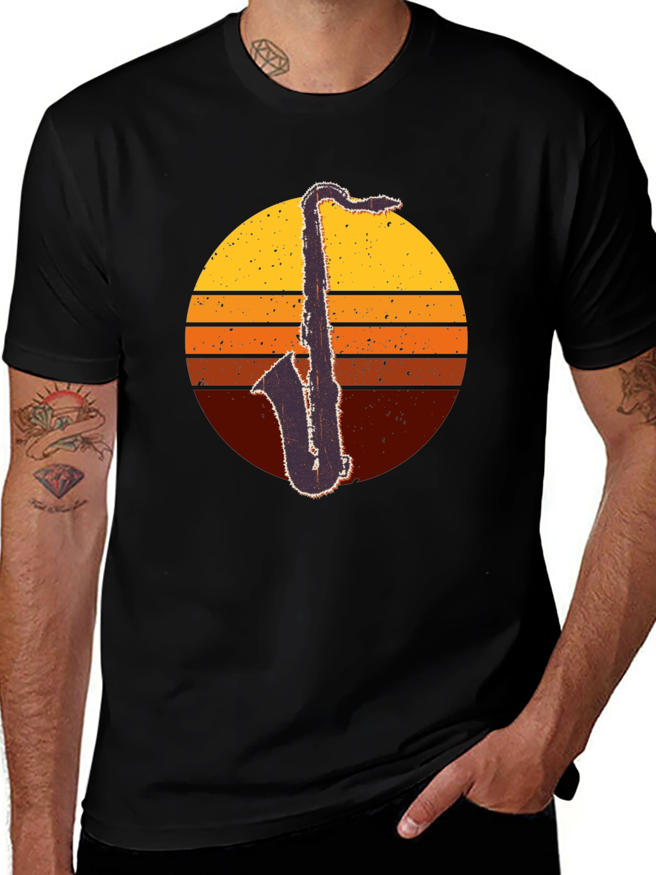 Black Retro Saxophone Sunset T-Shirt - Classic Cool main image
