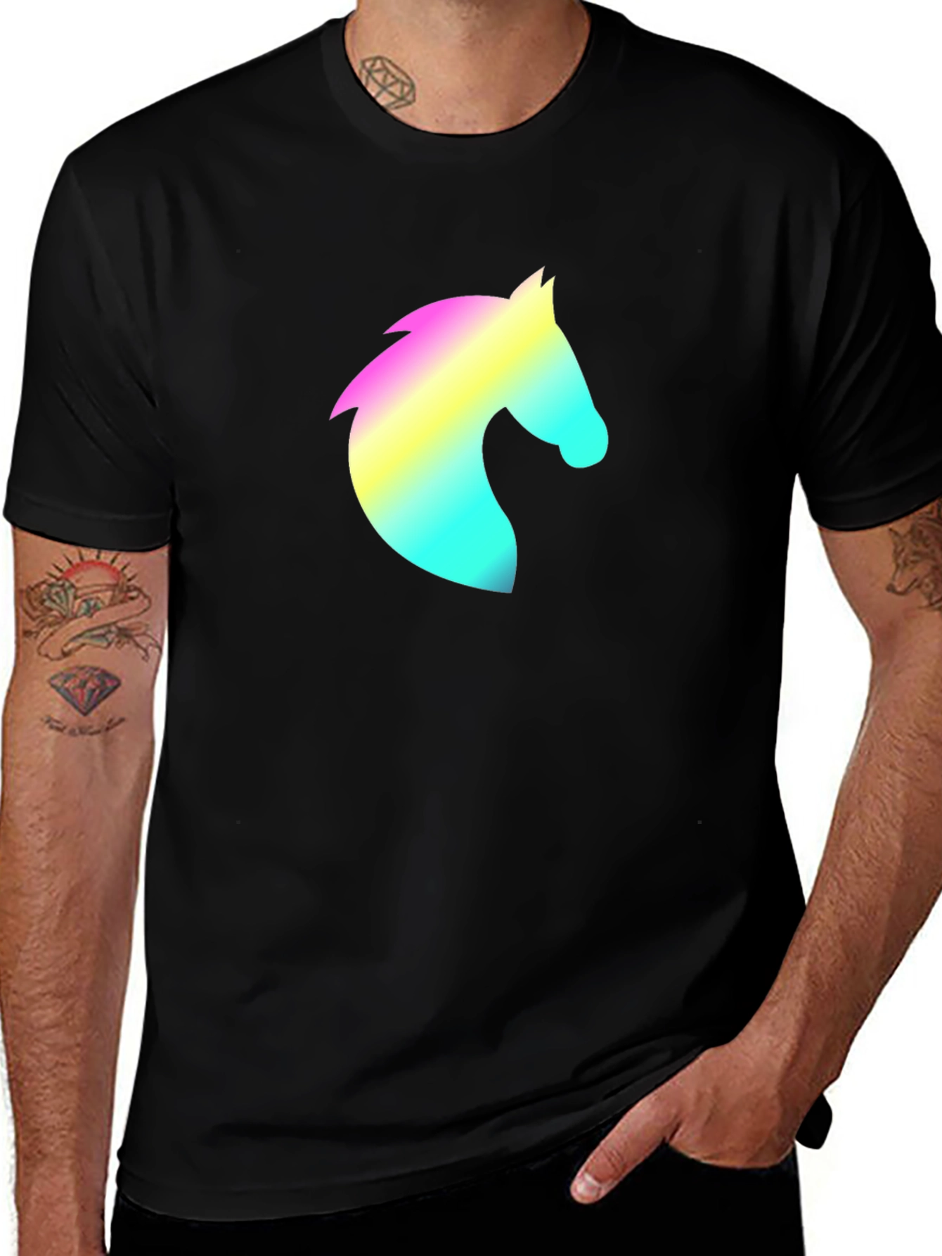 Variant 30 of Men's Black T-Shirt with Rainbow Horse Head Design