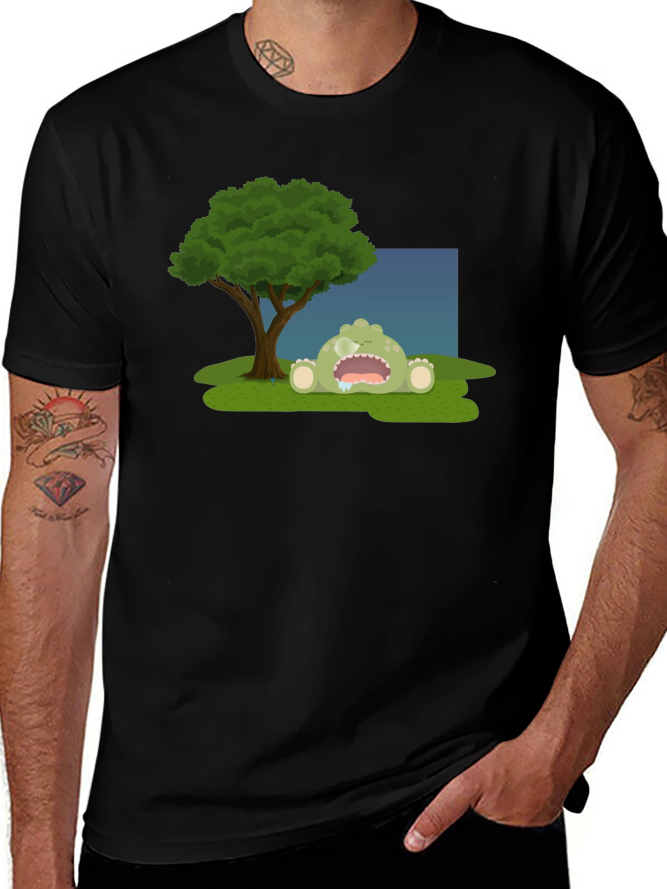 Variant 15 of Cartoon Monster Under Tree Black T-Shirt