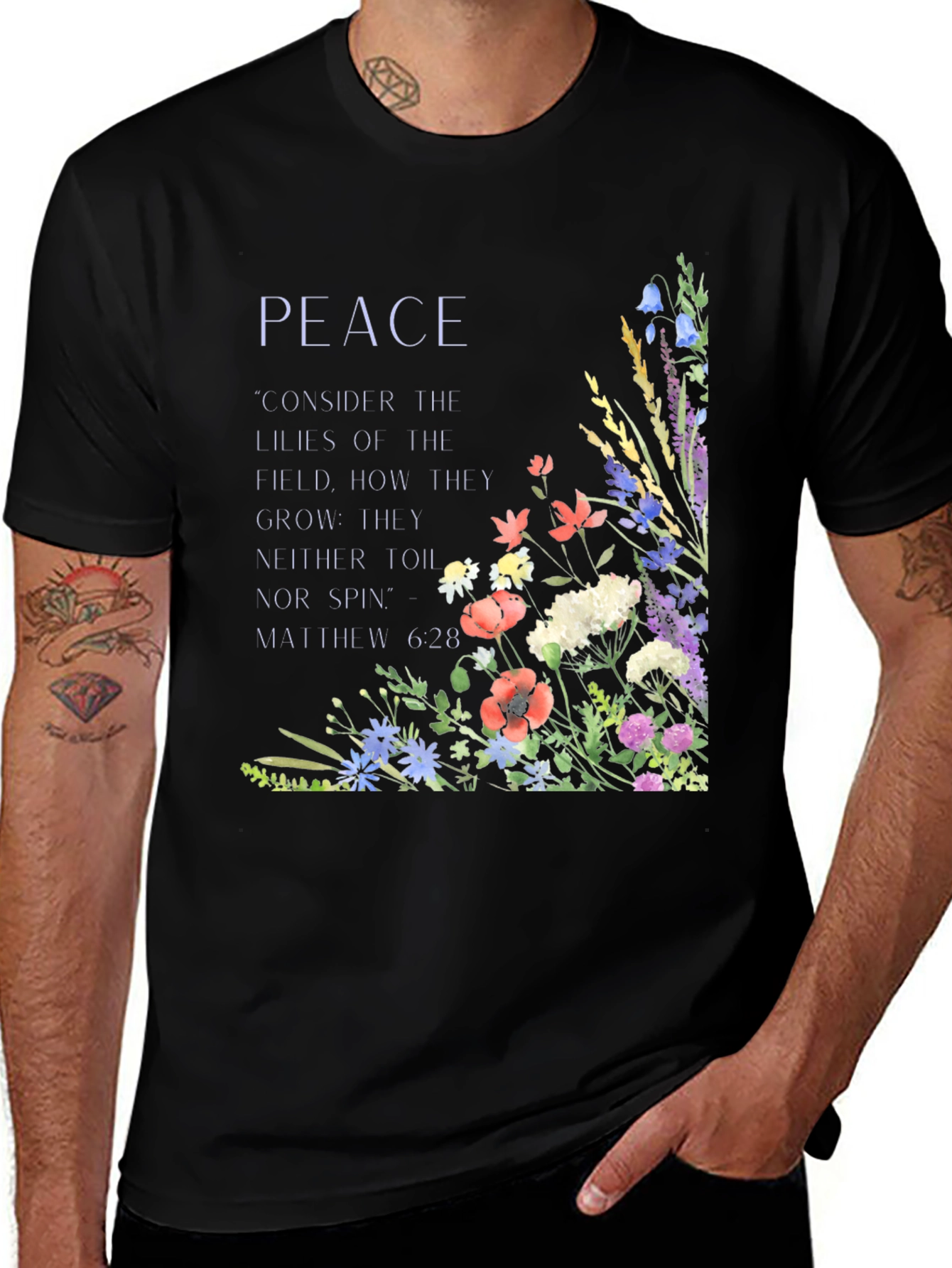 Variant 30 of Peace Floral T-Shirt - Matthew 6:28 Scripture Tee