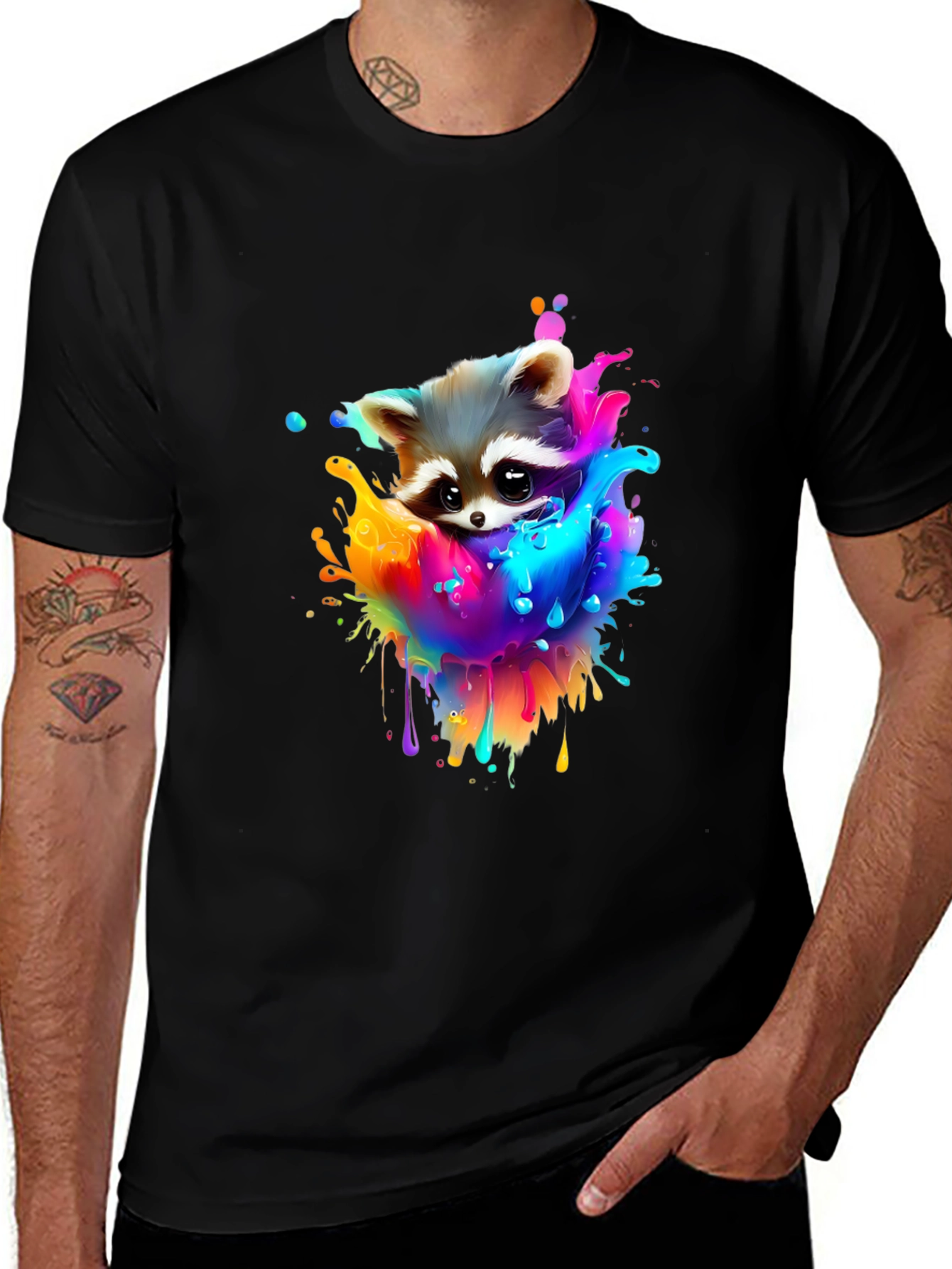 Variant 23 of Raccoon Rainbow Splash Graphic Tee - Black Cotton T-Shirt