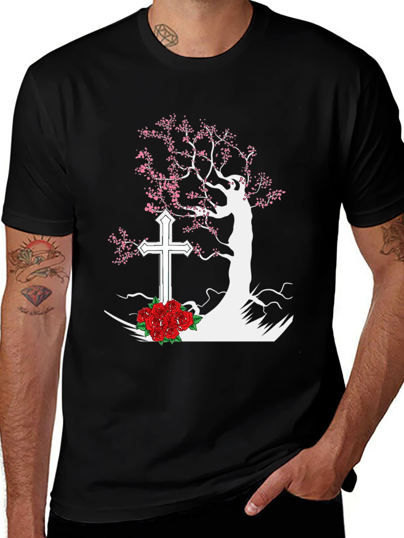 Variant 22 of Tree Cross Roses Black T-Shirt