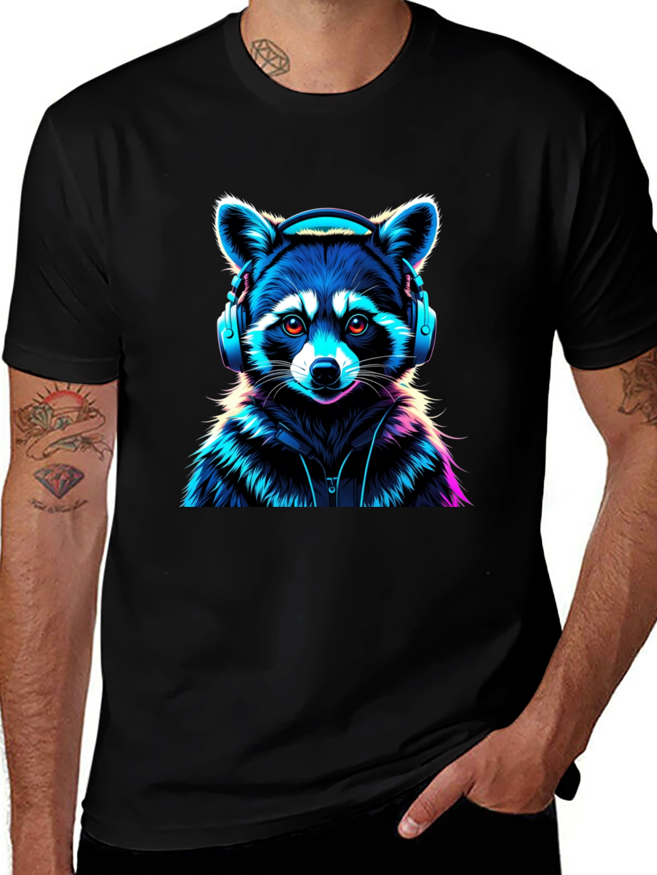 Variant 4 of Cool Raccoon Headphones Black T-Shirt