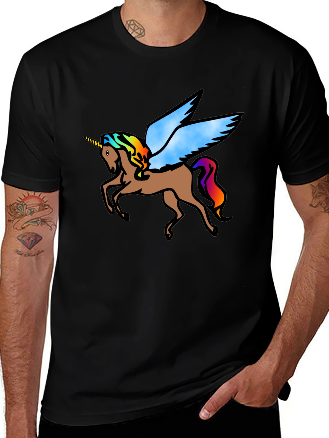 Variant 12 of Unicorn Pegasus Graphic Tee - Black Cotton T-Shirt