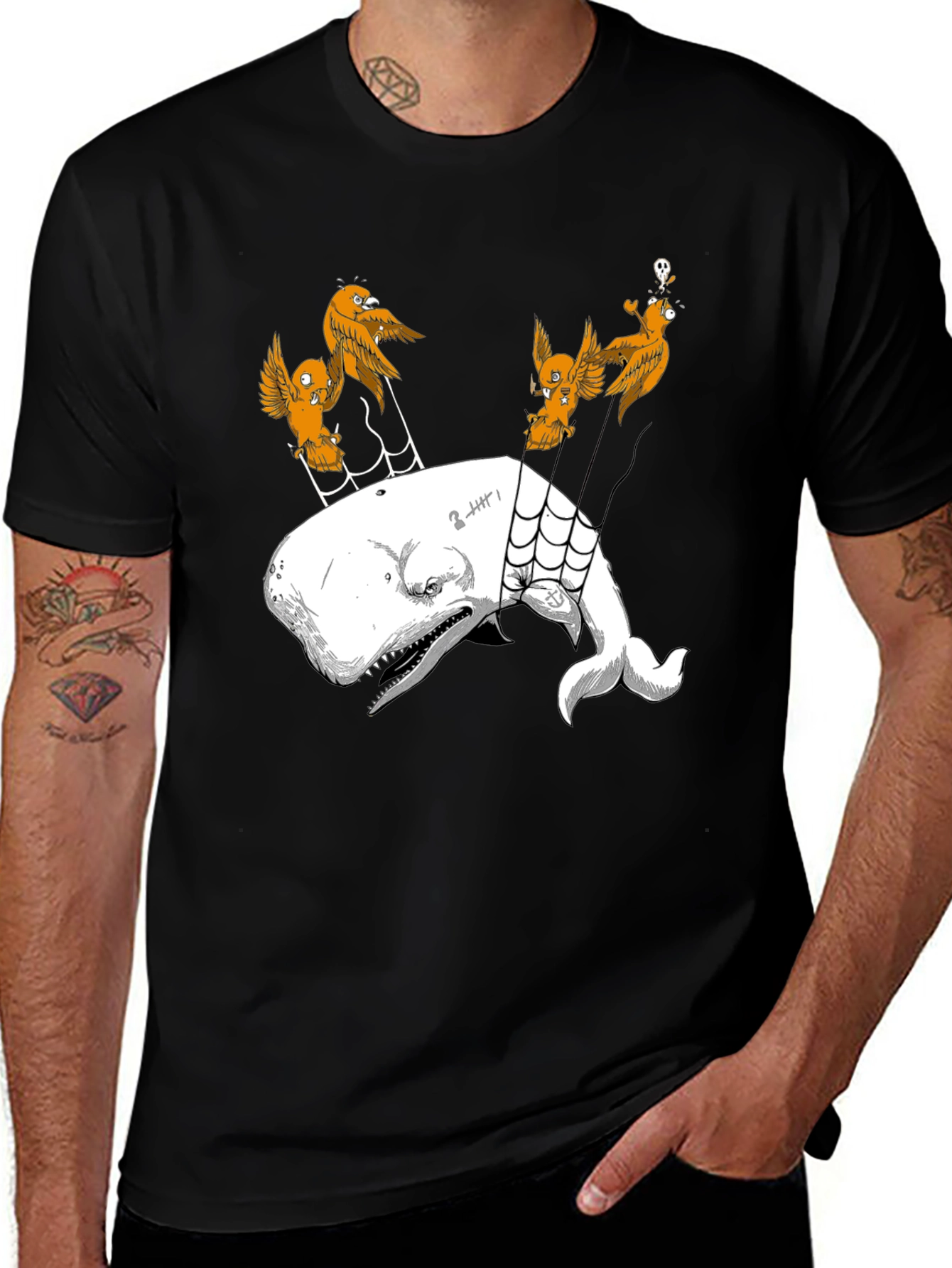 Variant 9 of Whale and Birds Graphic Print Black Tee