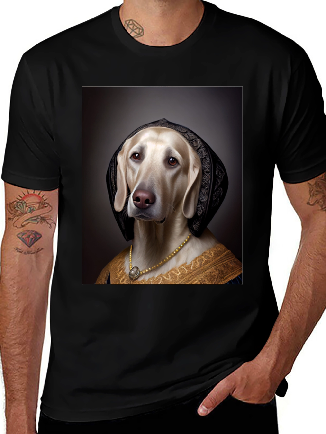 Black Renaissance Dog Portrait T-Shirt - Unique Art Tee main image