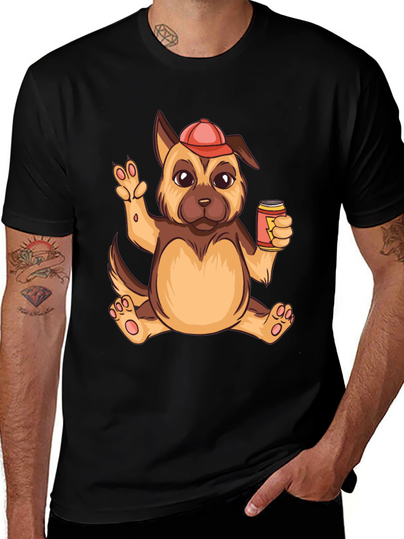 Cartoon Dog with Beer Graphic T-Shirt