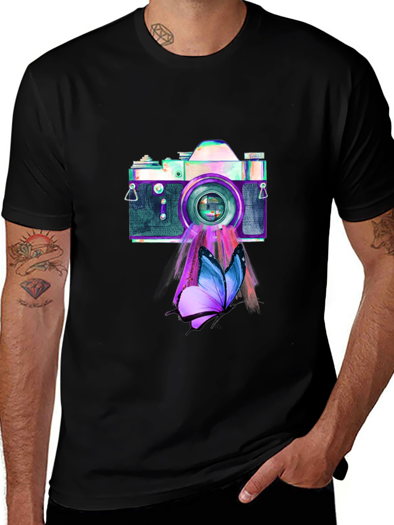 Variant 25 of Butterfly Camera Graphic Tee - Stylish Men's Black T-Shirt
