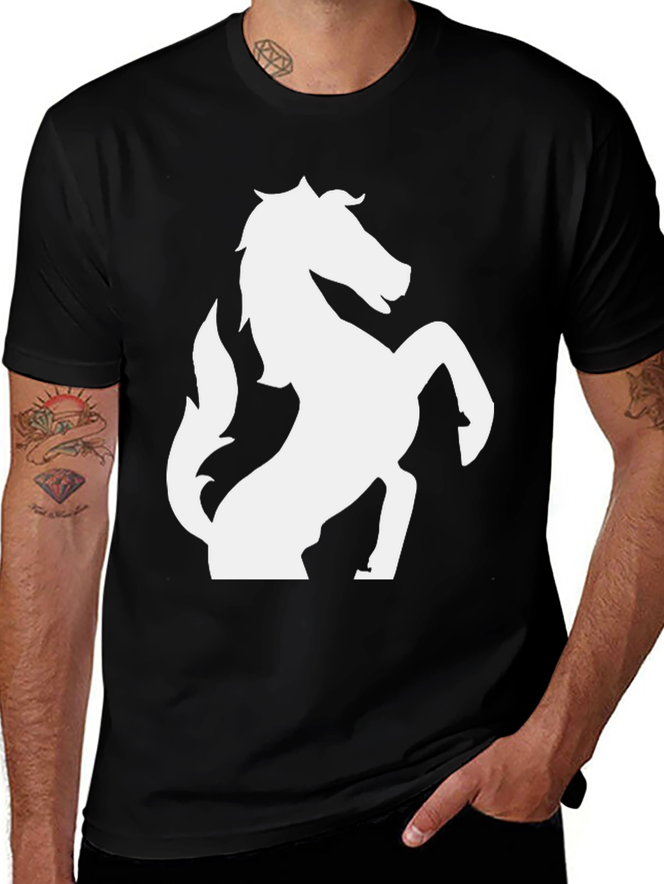 Variant 19 of Black T-Shirt with White Horse Graphic