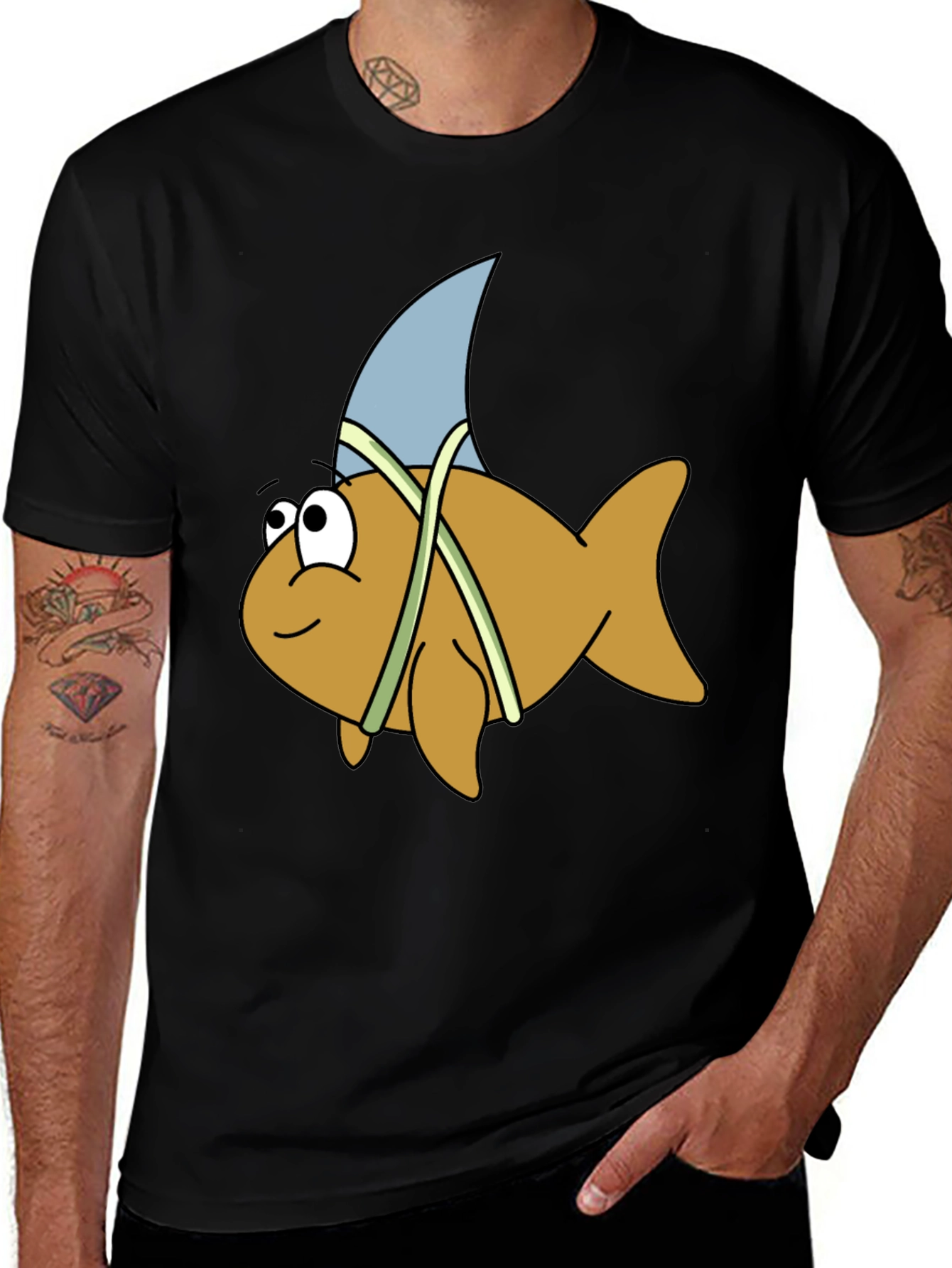Cartoon Shark Fin Fish Black T-Shirt