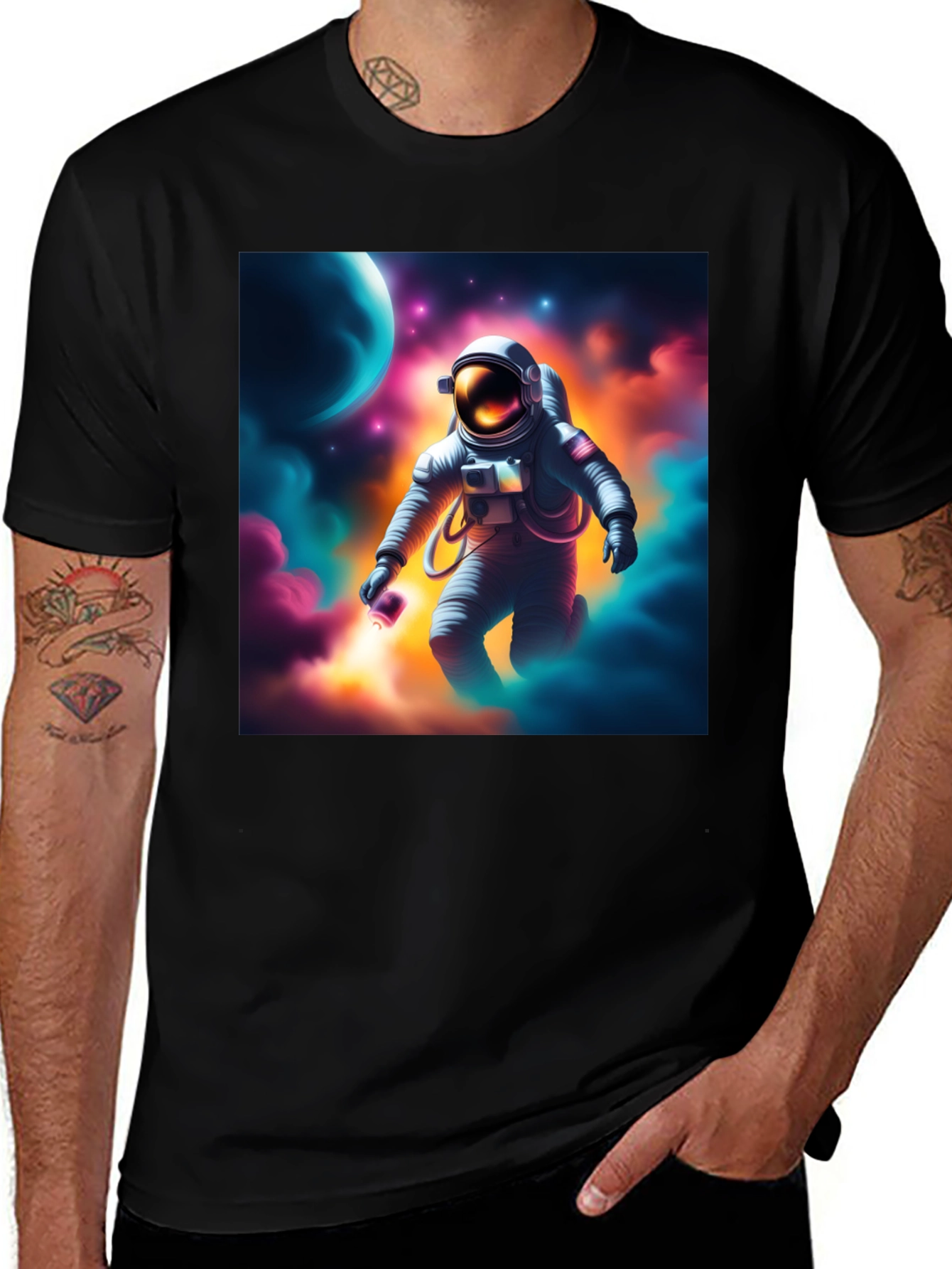 Black Astronaut in Space Graphic T-Shirt main image