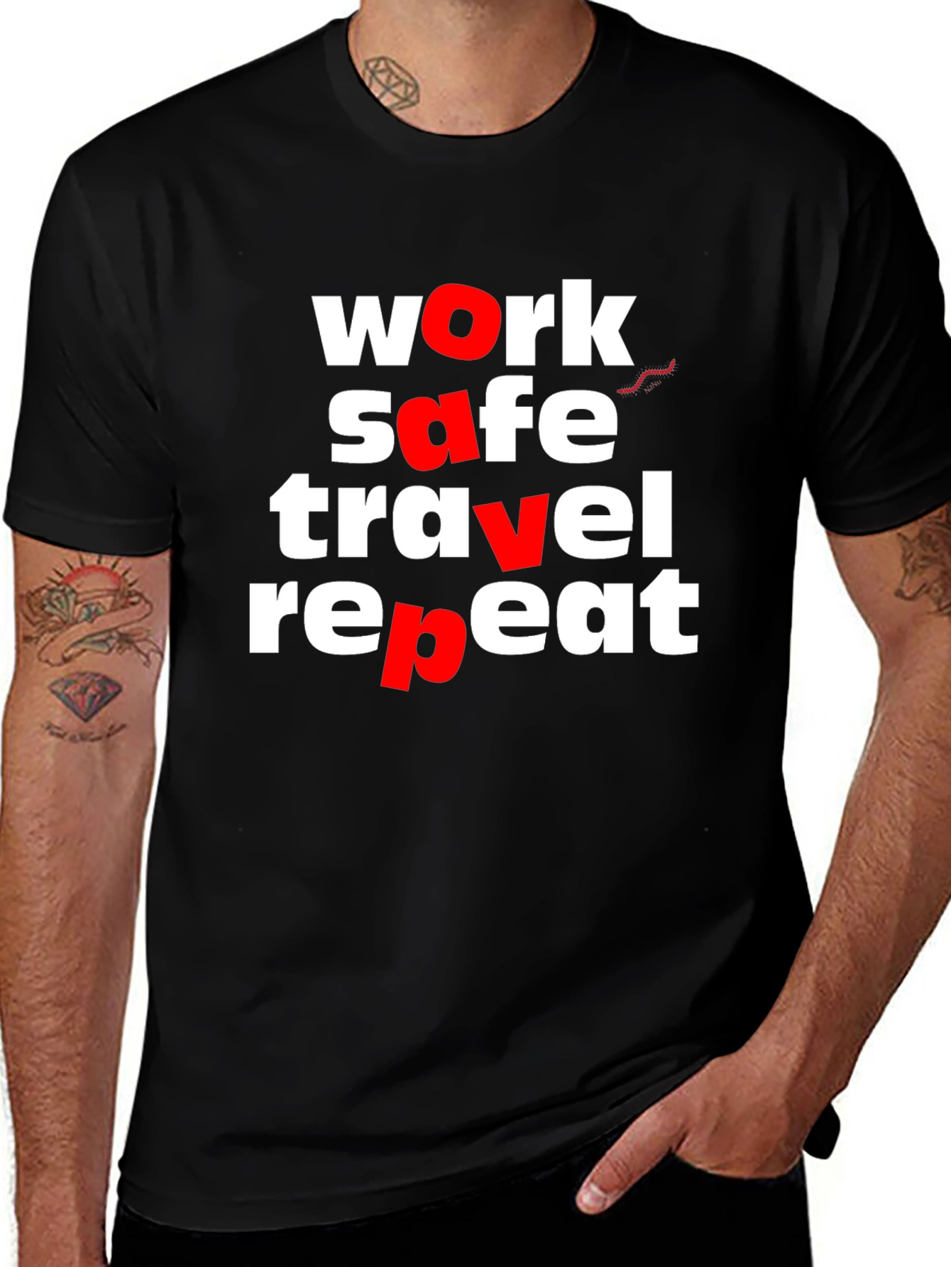 Variant 7 of Work Safe Travel Repeat Graphic Tee - Black Cotton Blend