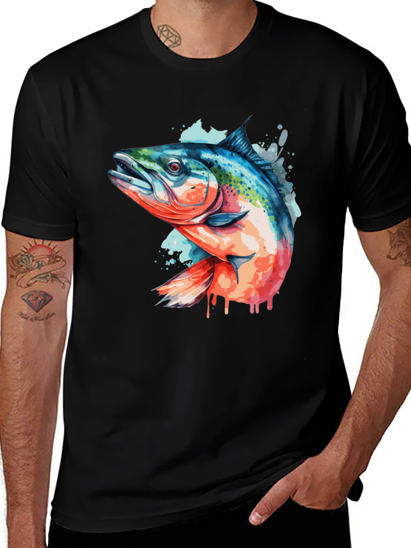 Variant 18 of Watercolor Fish Graphic Tee - Black Cotton Blend