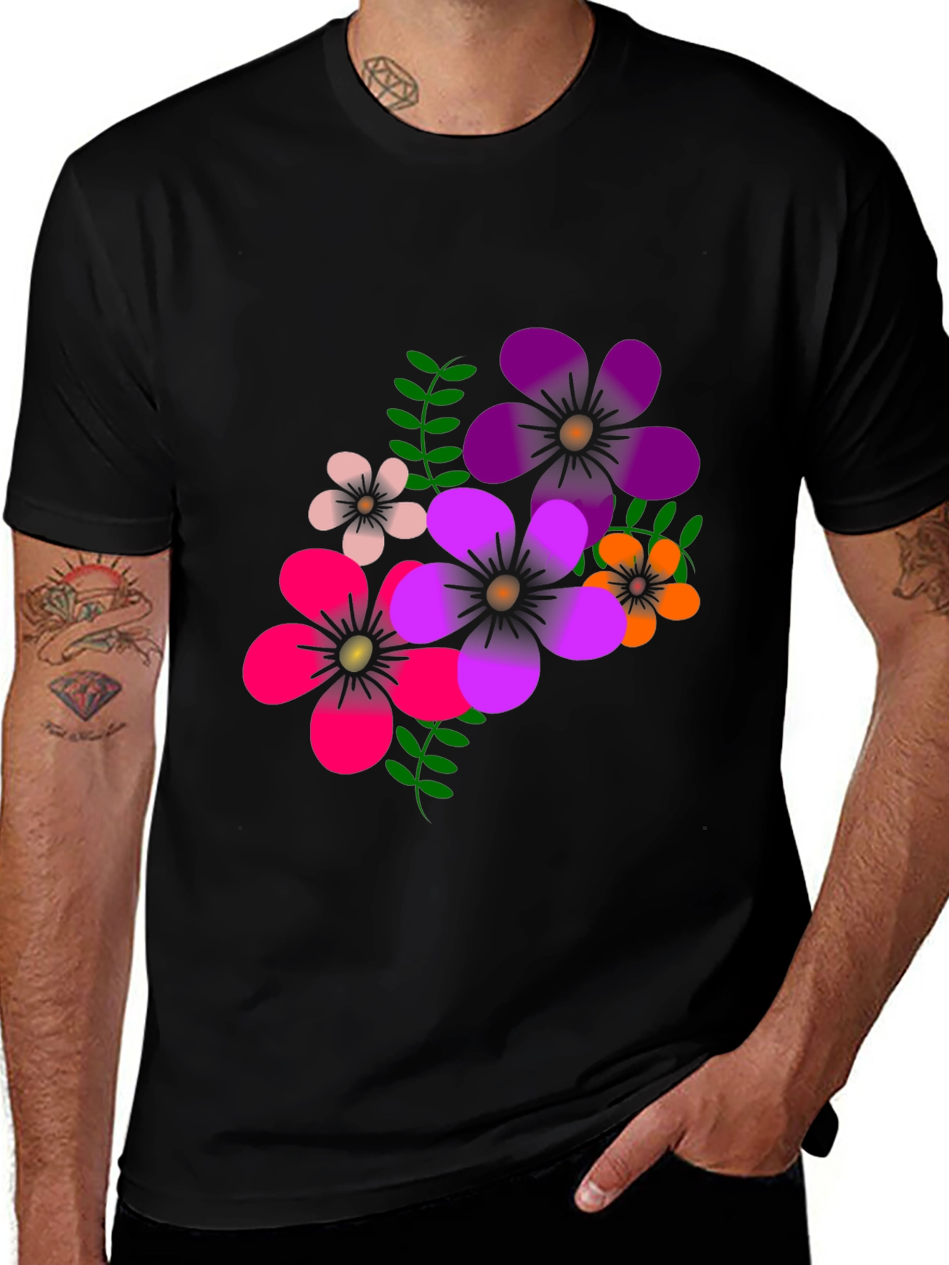 Variant 25 of Floral Graphic Print T-Shirt - Casual Black Tee