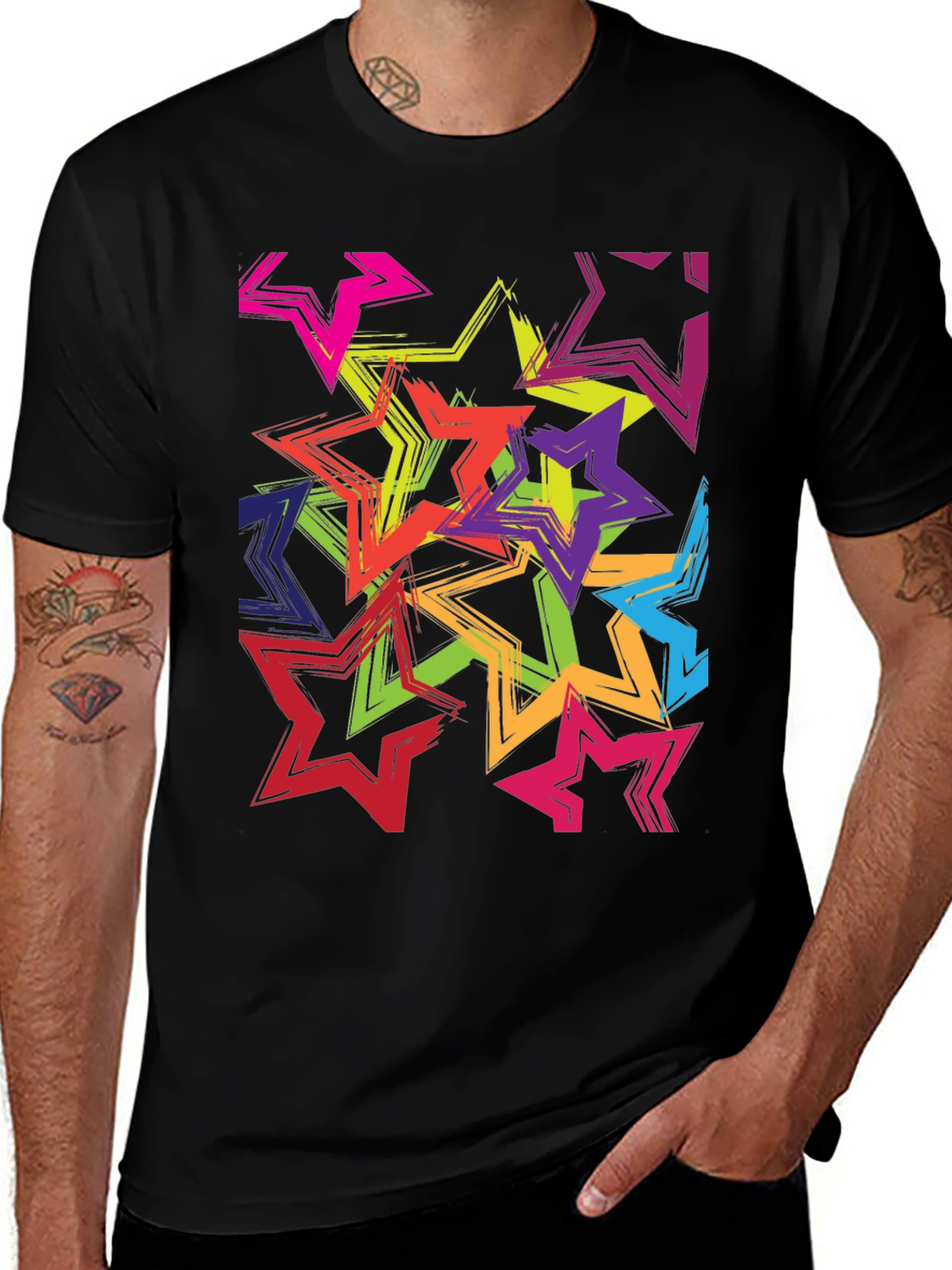 Variant 23 of Colorful Star Burst Graphic Tee - Trendy Men's Black T-Shirt