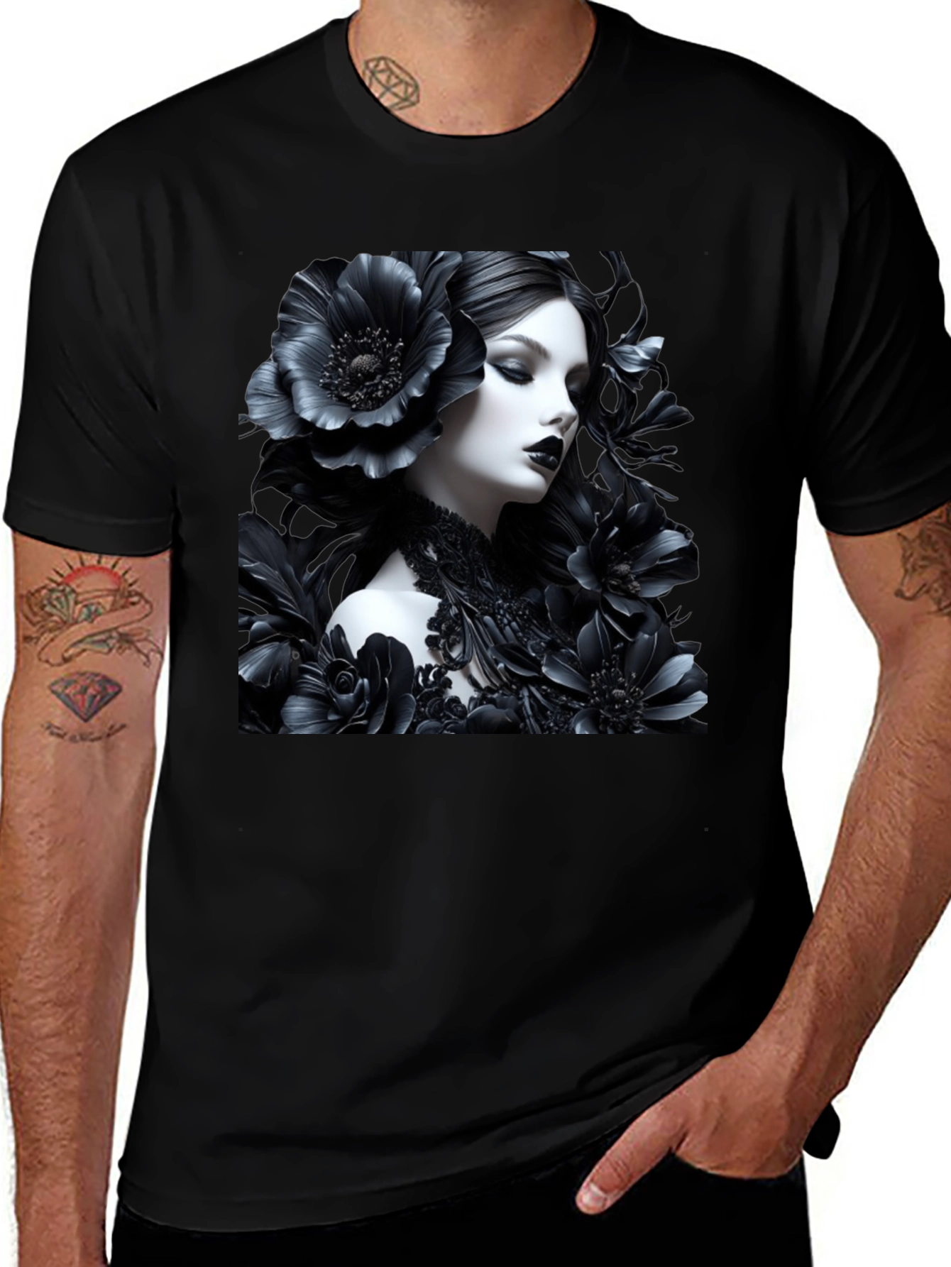 Variant 7 of Gothic Floral Woman Graphic Black Tee