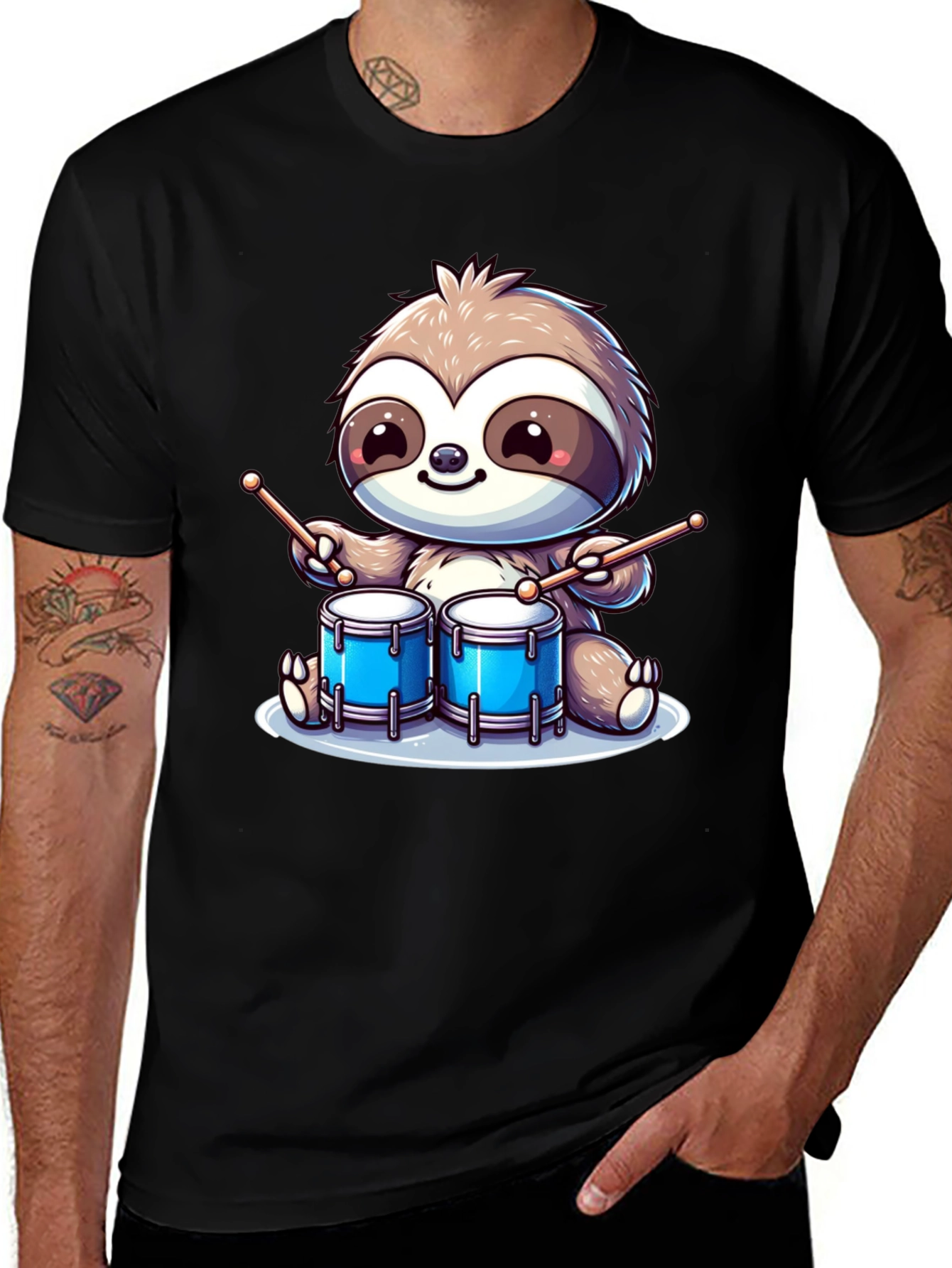 Variant 14 of Sloth Drummer Graphic T-Shirt - Cool Cartoon Design