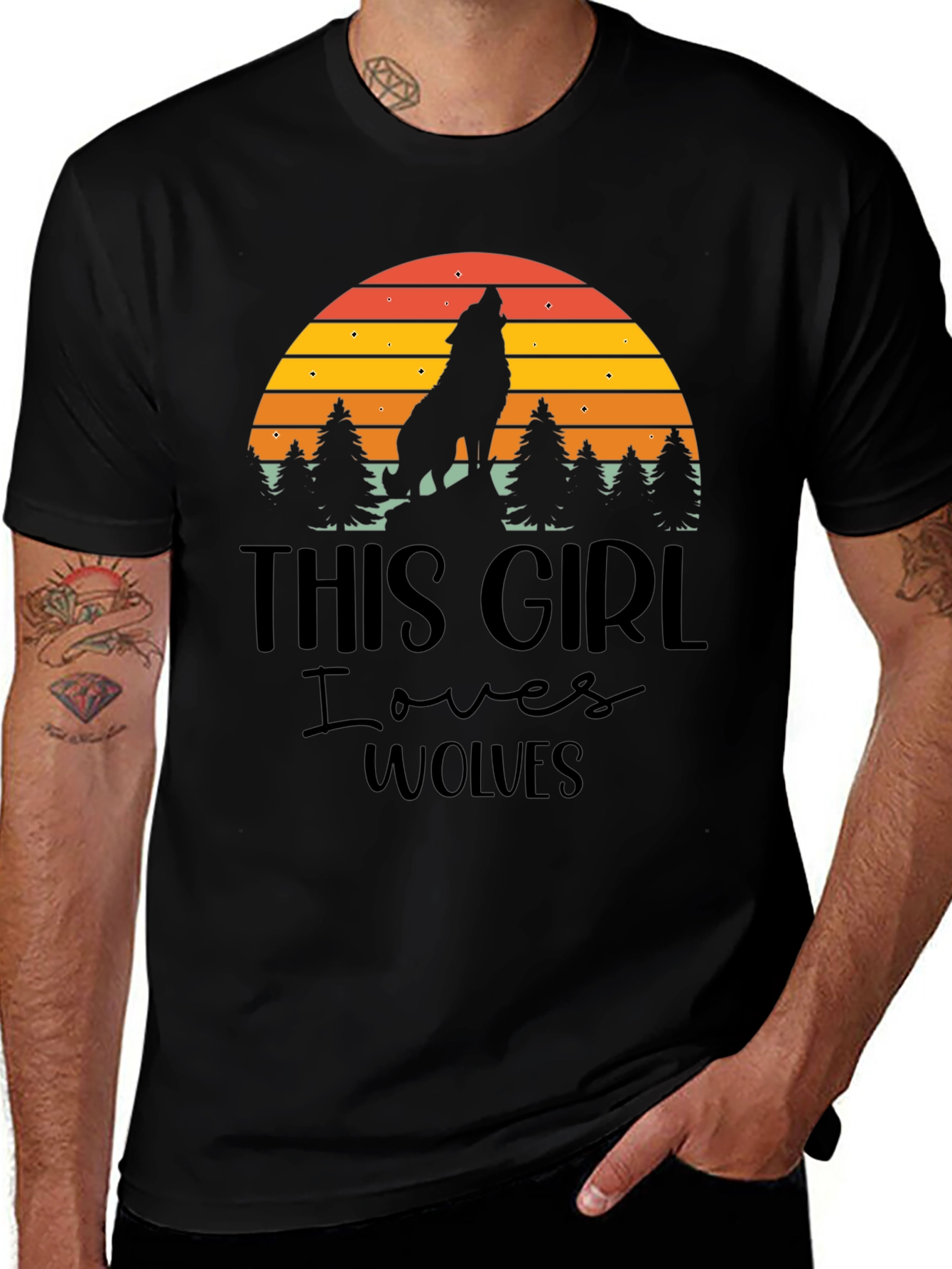 Variant 8 of Wolf Lover T-Shirt - Retro Sunset Design