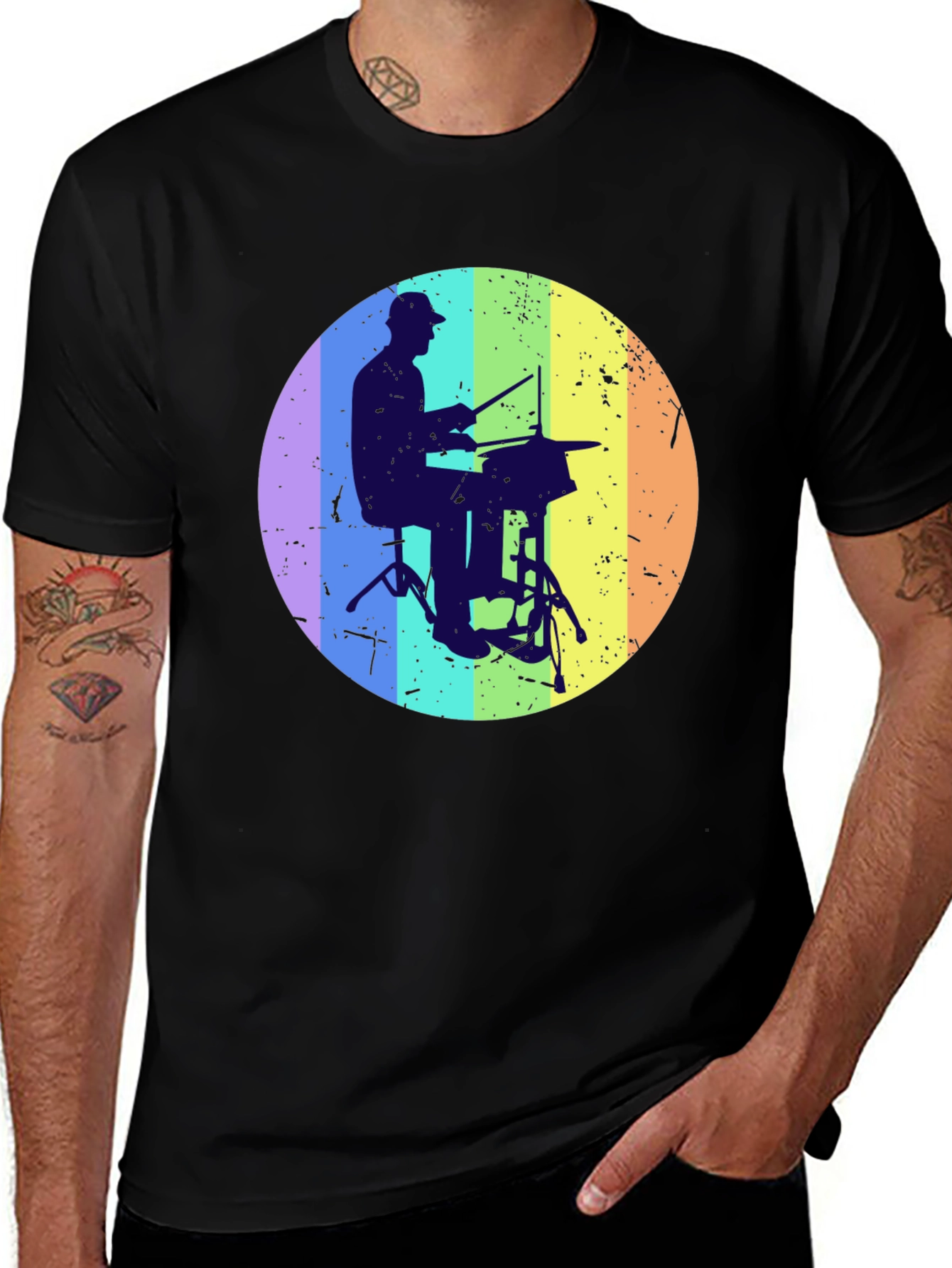 Variant 13 of Drummer Silhouette Graphic Tee - Rainbow Circle Design