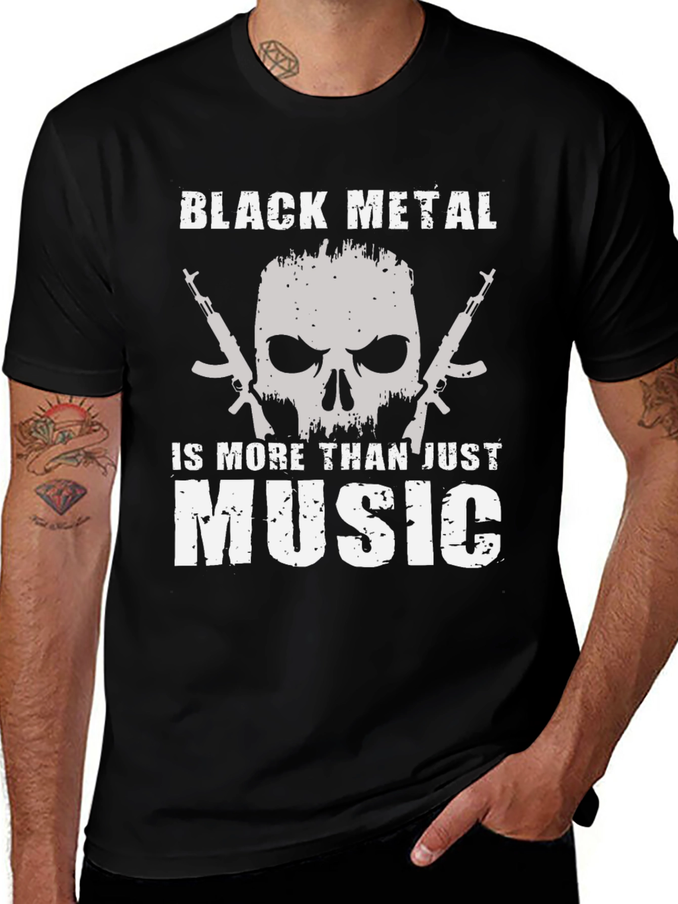 Black Metal Music T-Shirt with Skull and Guns