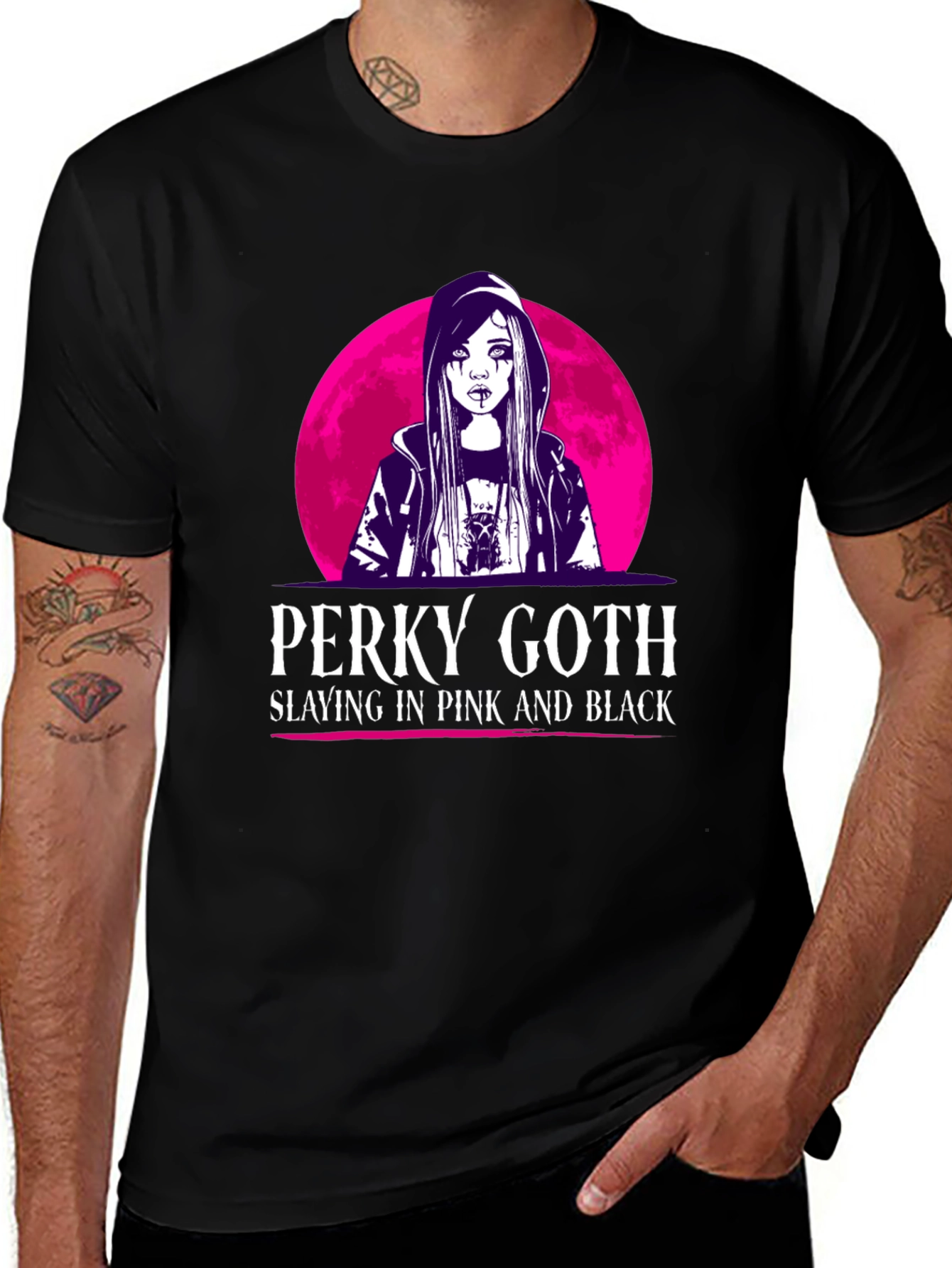 Variant 10 of Perky Goth Black T-Shirt - Pink & Black Design