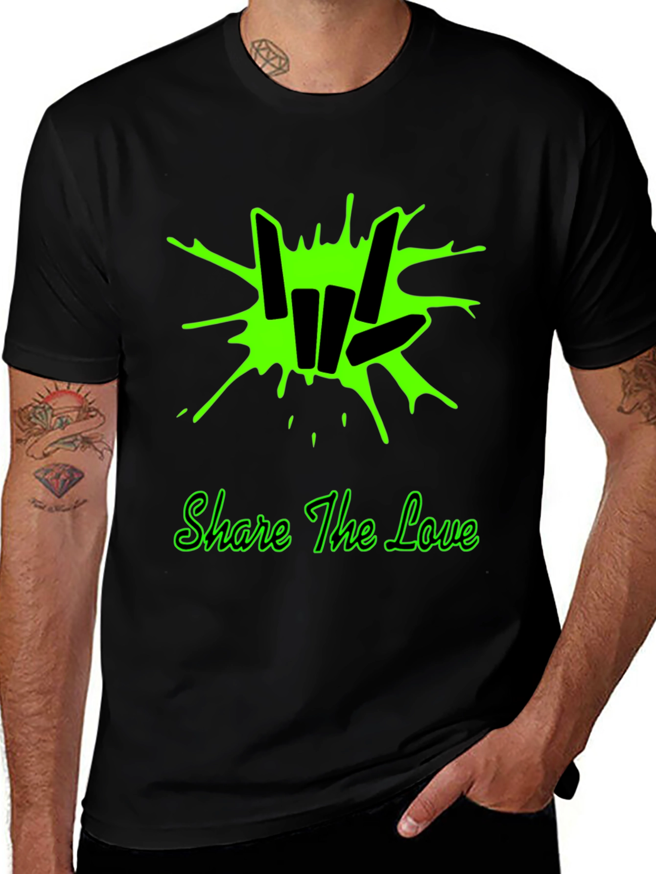 Variant 12 of Share the Love Black T-Shirt with Green Graphic Design