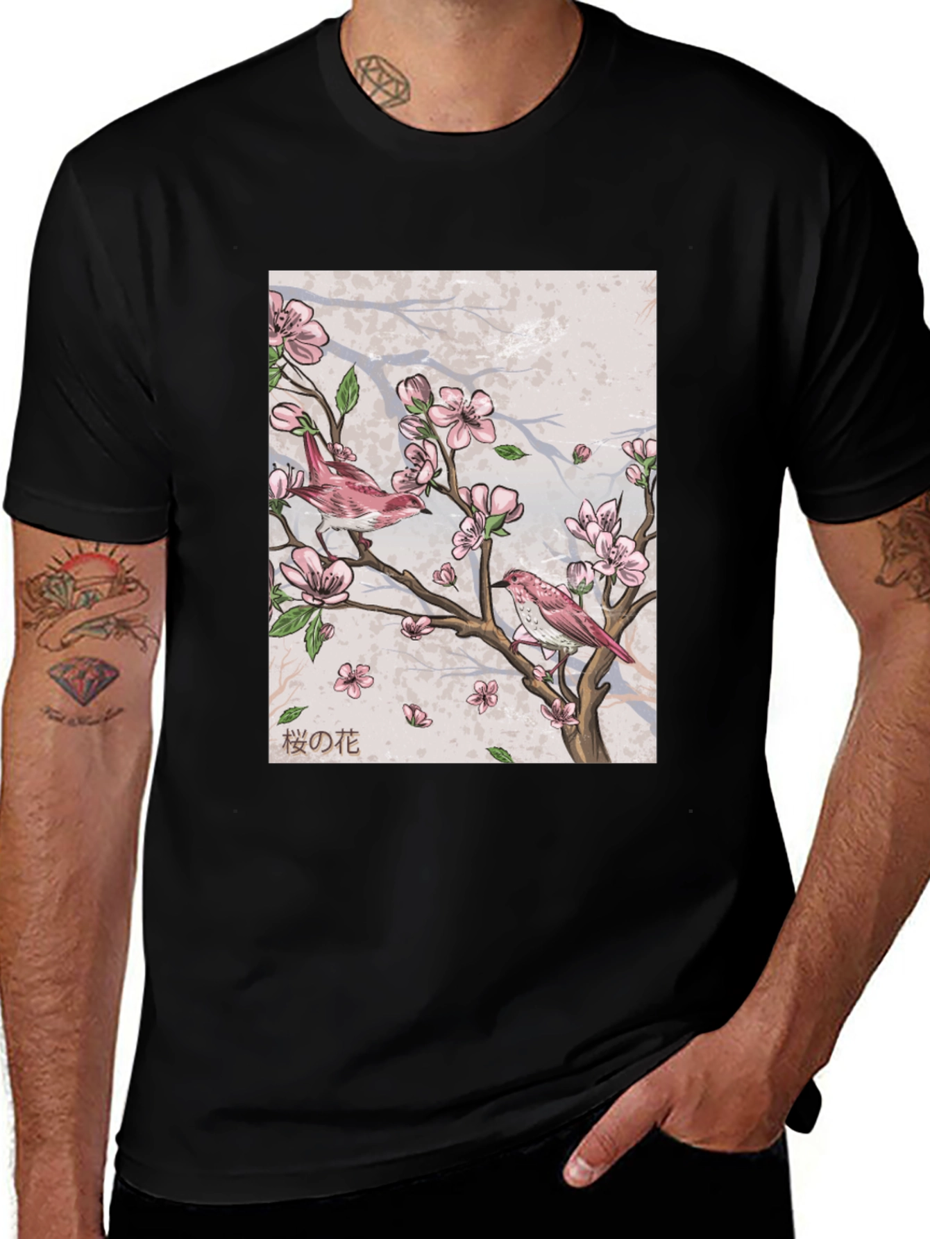 Variant 7 of Cherry Blossom Bird Print Black T-Shirt